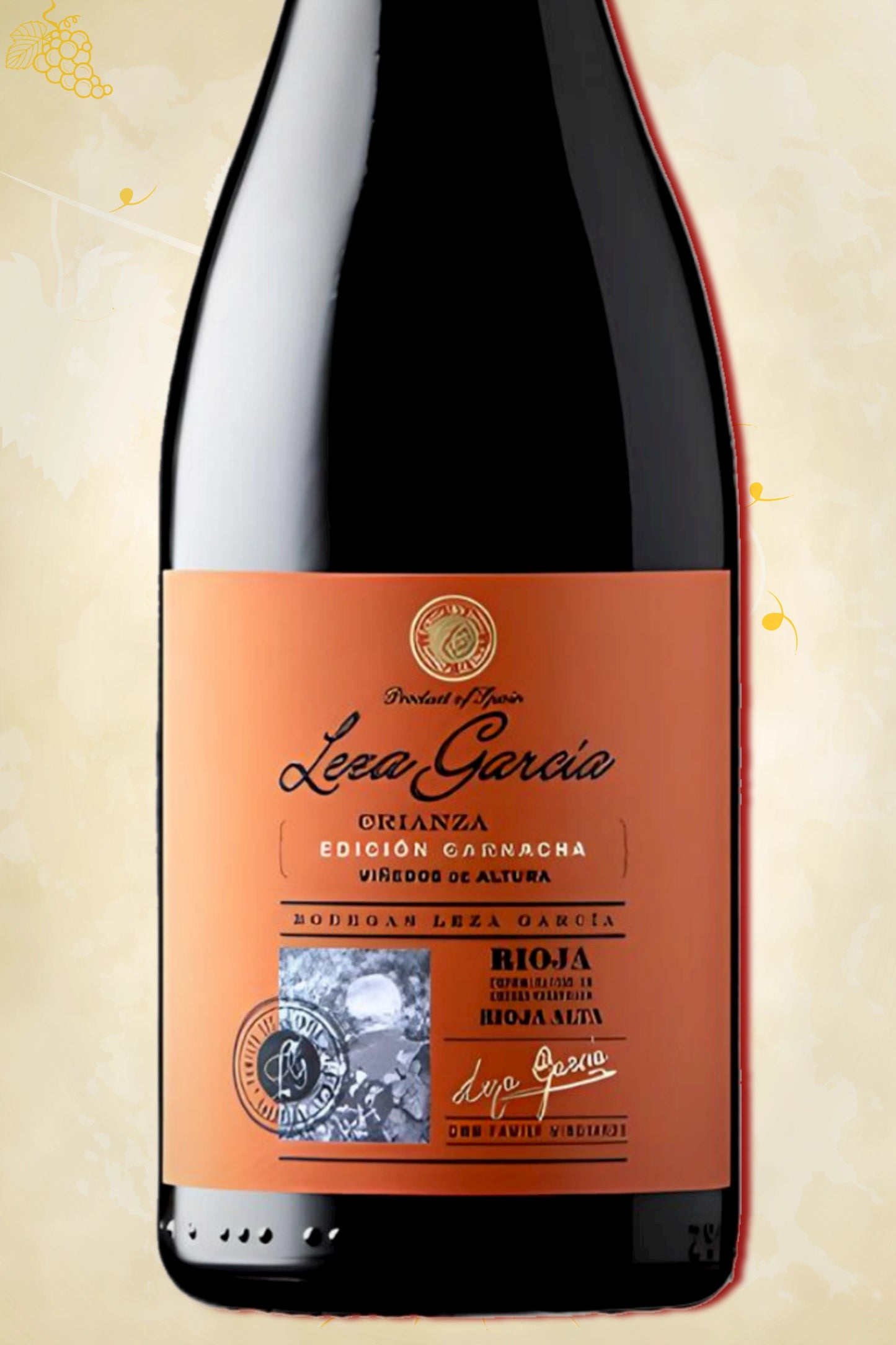 Close-up label Leza García Rioja Garnacha Crianza 2021 – logo en vintage details zichtbaar