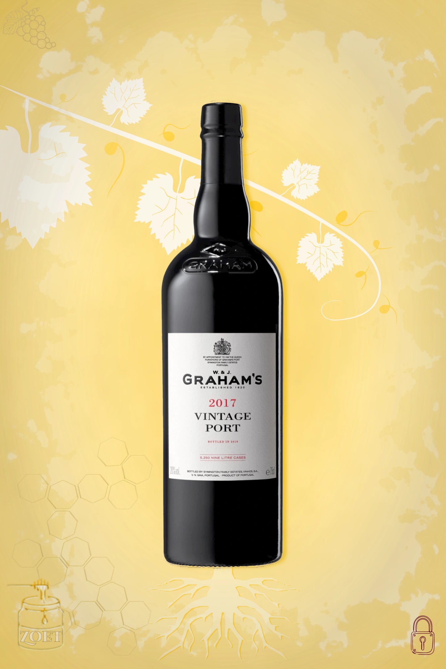 Graham’s Vintage Port 2017 tegen gouden achtergrond – premium dessertwijn