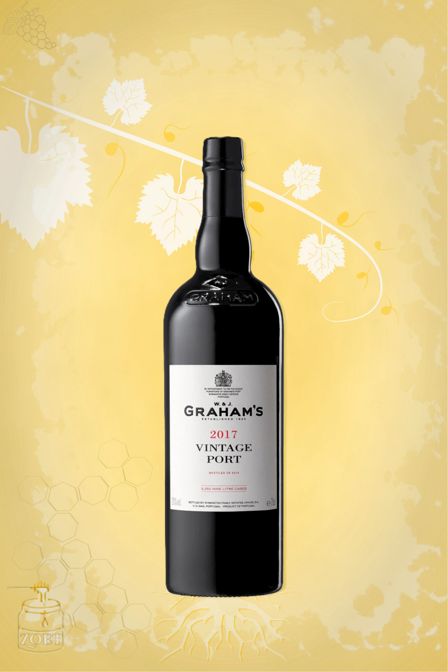 Graham’s Vintage Port 2017 tegen gouden achtergrond – premium dessertwijn