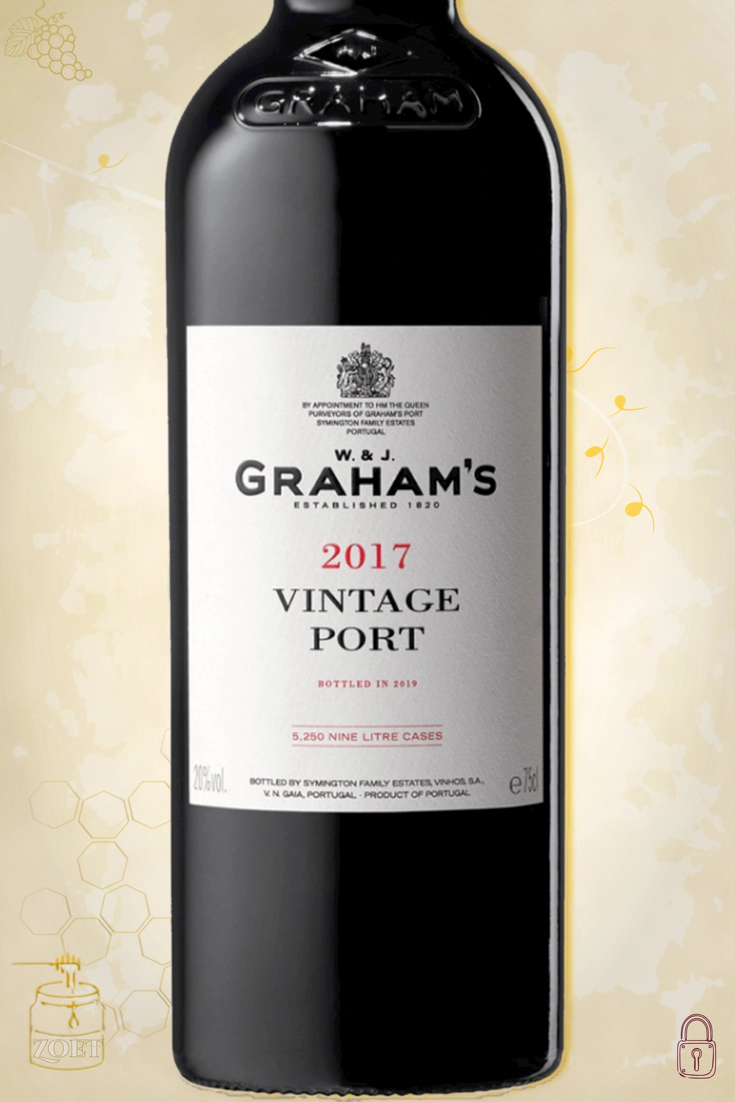 Close-up label Graham’s Vintage Port 2017 – logo en vintage details zichtbaar