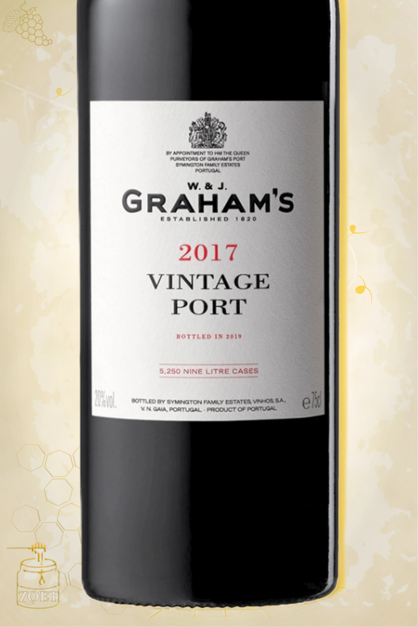Close-up label Graham’s Vintage Port 2017 – logo en vintage details zichtbaar