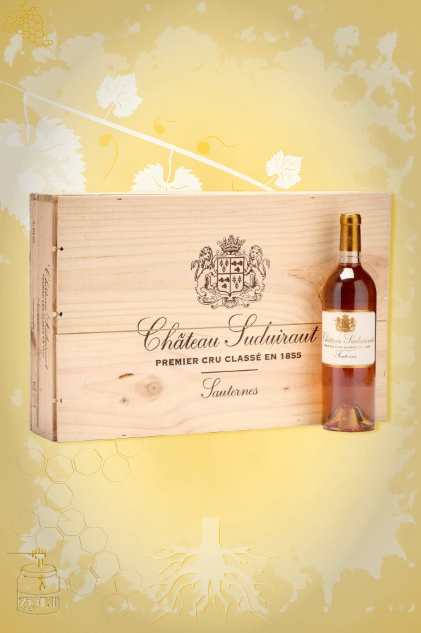 Château Suduiraut 2014 OWC tegen gouden achtergrond – premium dessertwijn