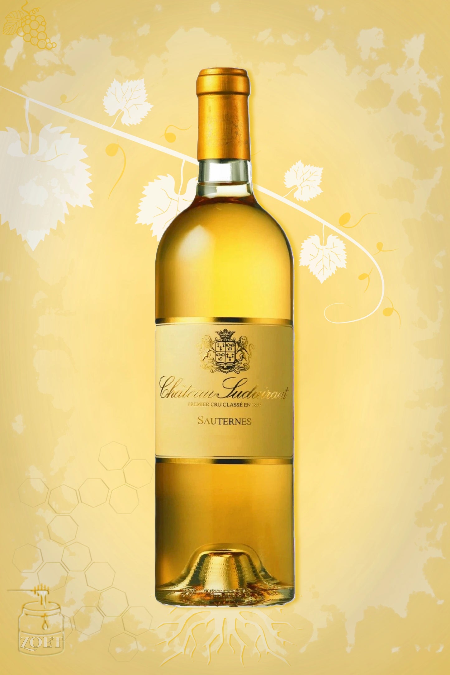 Château Suduiraut 2014 tegen gouden achtergrond – luxe Sauternes Premier Cru