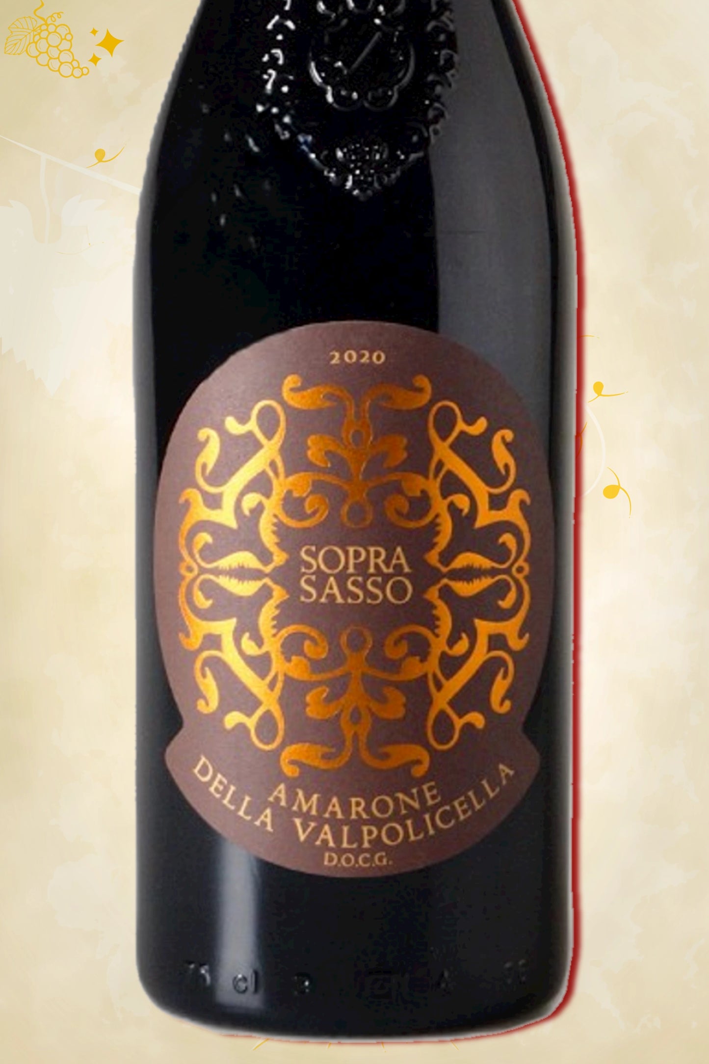 Close-up label Valpolicella Ripasso Soprasasso 2020 – World of Wine logo en vintage details