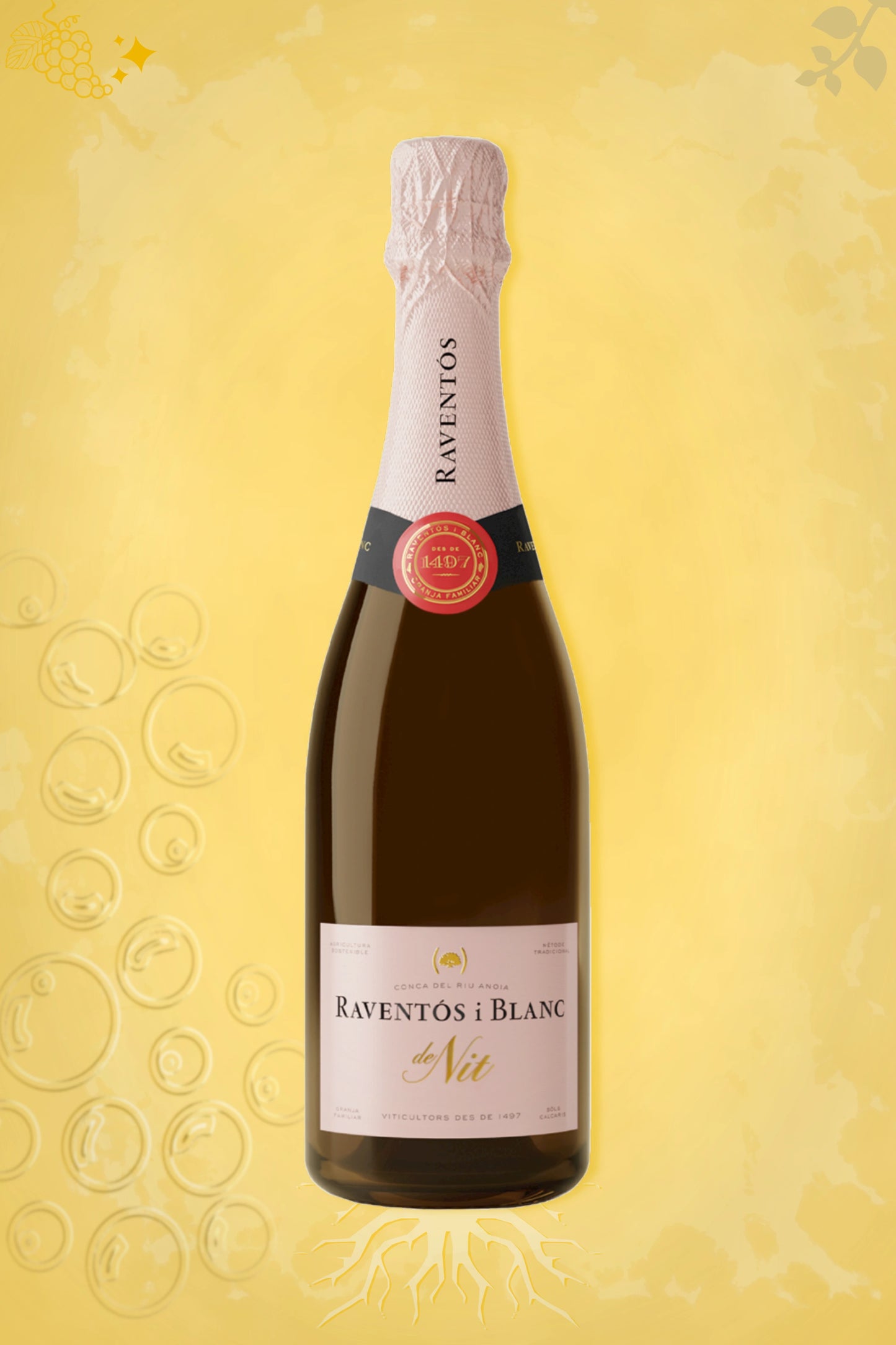 Raventós i Blanc De Nit Extra Brut Organic 2023 tegen bordeaux achtergrond – premium mousserende rosé