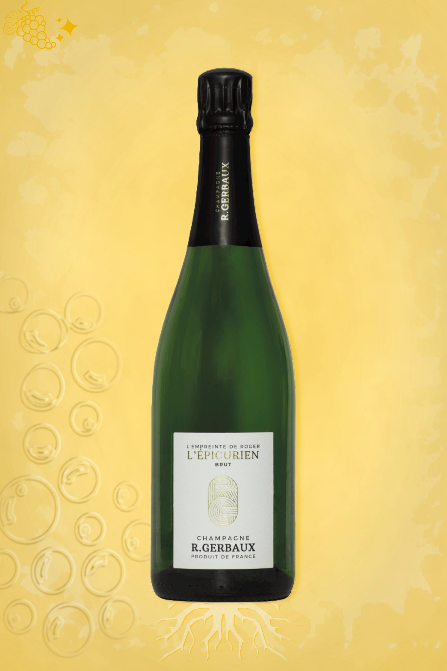 R. Gerbaux Champagne Brut L’Épicurien NV tegen gouden achtergrond – premium mousserende wijn