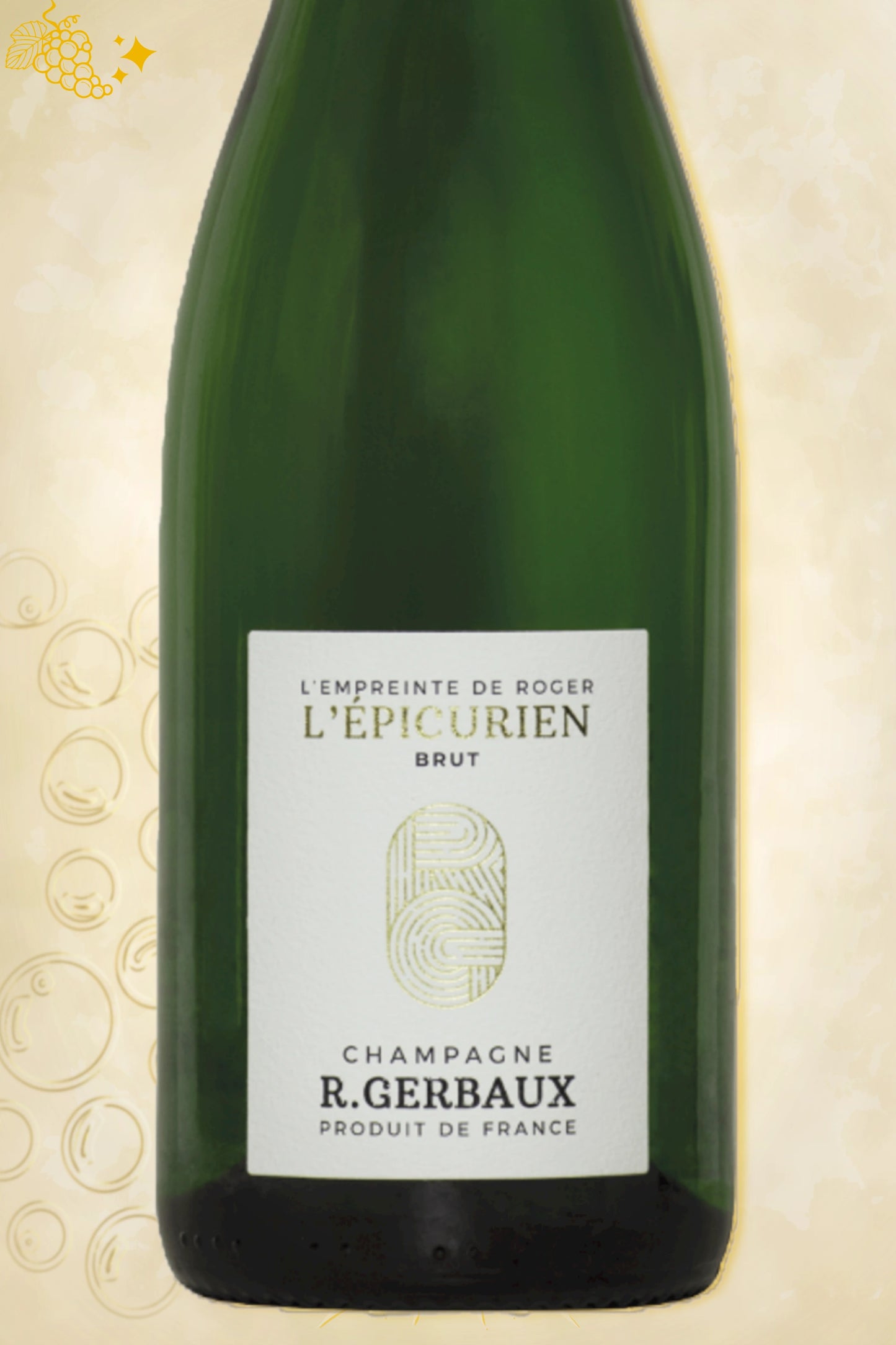 Close-up label R. Gerbaux Champagne L’Épicurien – logo en Brut-details zichtbaar