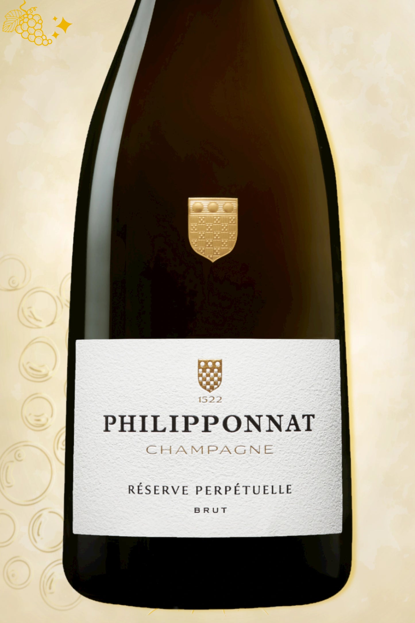 Close-up label Philipponnat Champagne Brut Réserve Perpétuelle NV – merklogo en vintage details zichtbaar