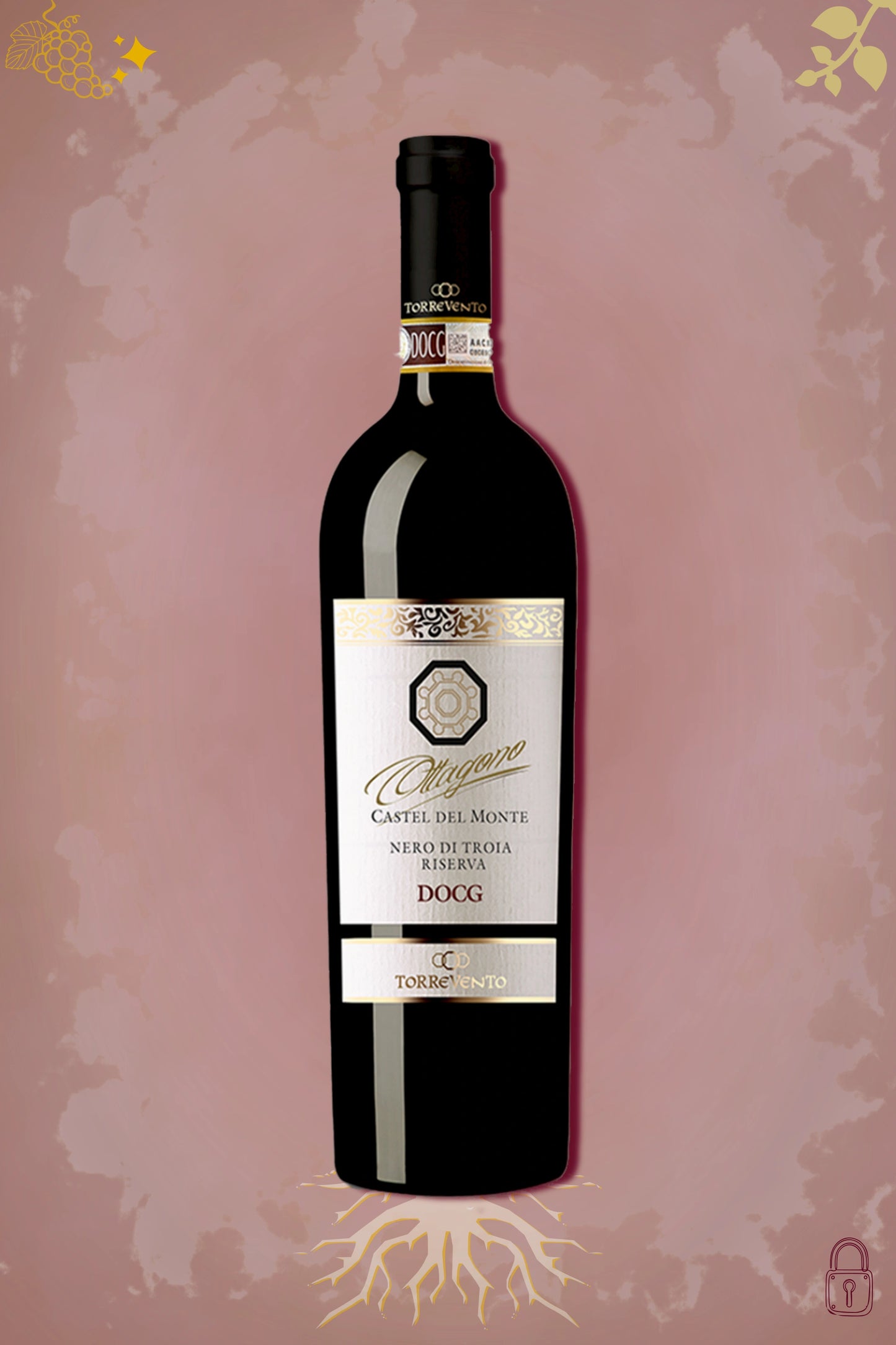 Cantine Torrevento Nero di Troia Riserva DOCG 2014 tegen bordeaux achtergrond – premium rode wijn