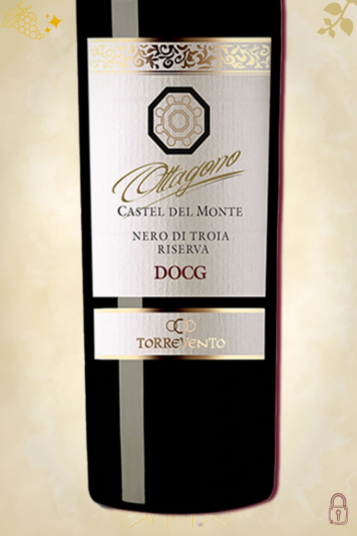 Close-up label Cantine Torrevento Nero di Troia Riserva 2014 – logo en vintage details zichtbaar