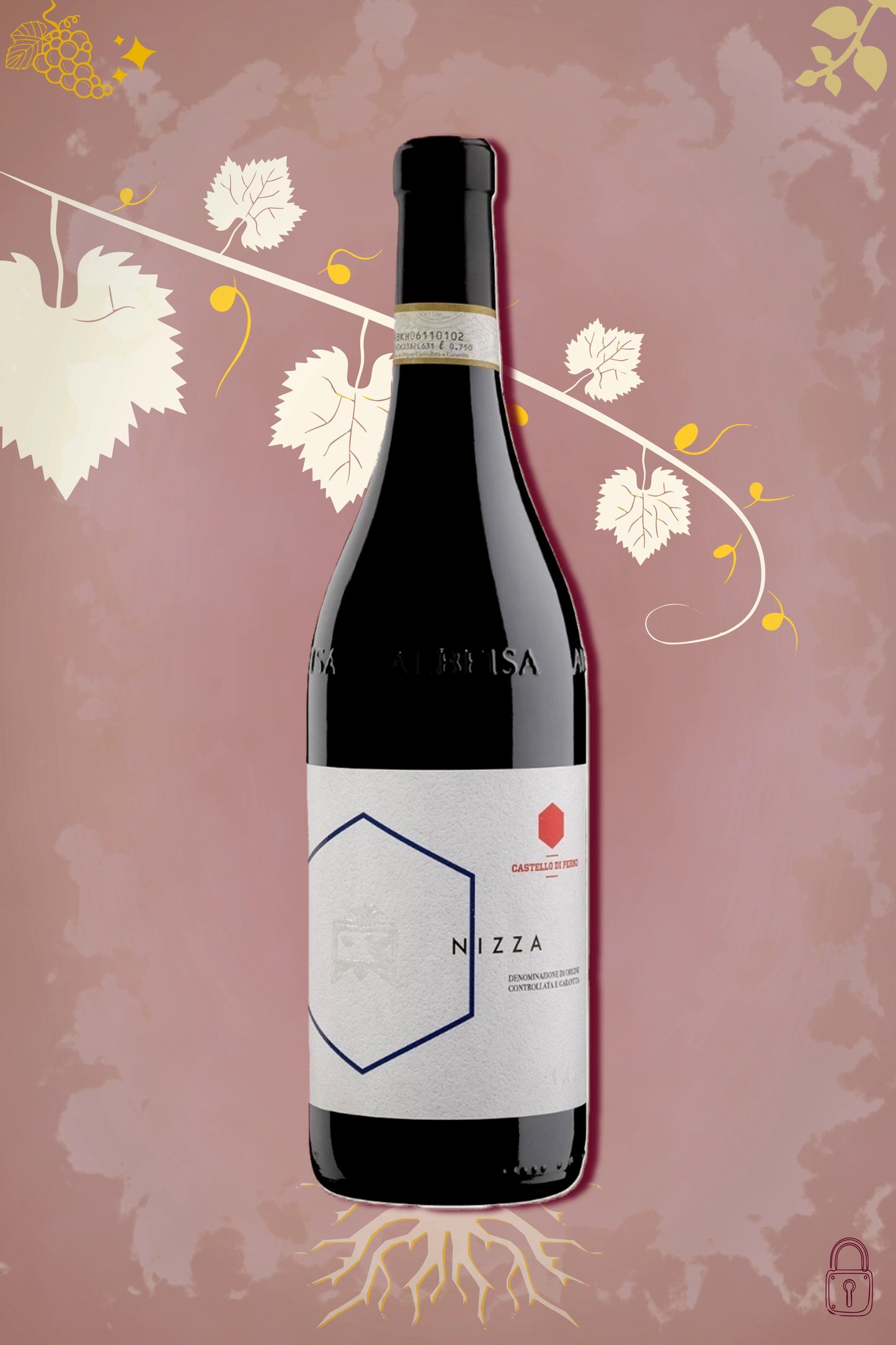 Castello di Perno Nizza DOCG 2017 tegen bordeaux achtergrond – elegante rode wijn