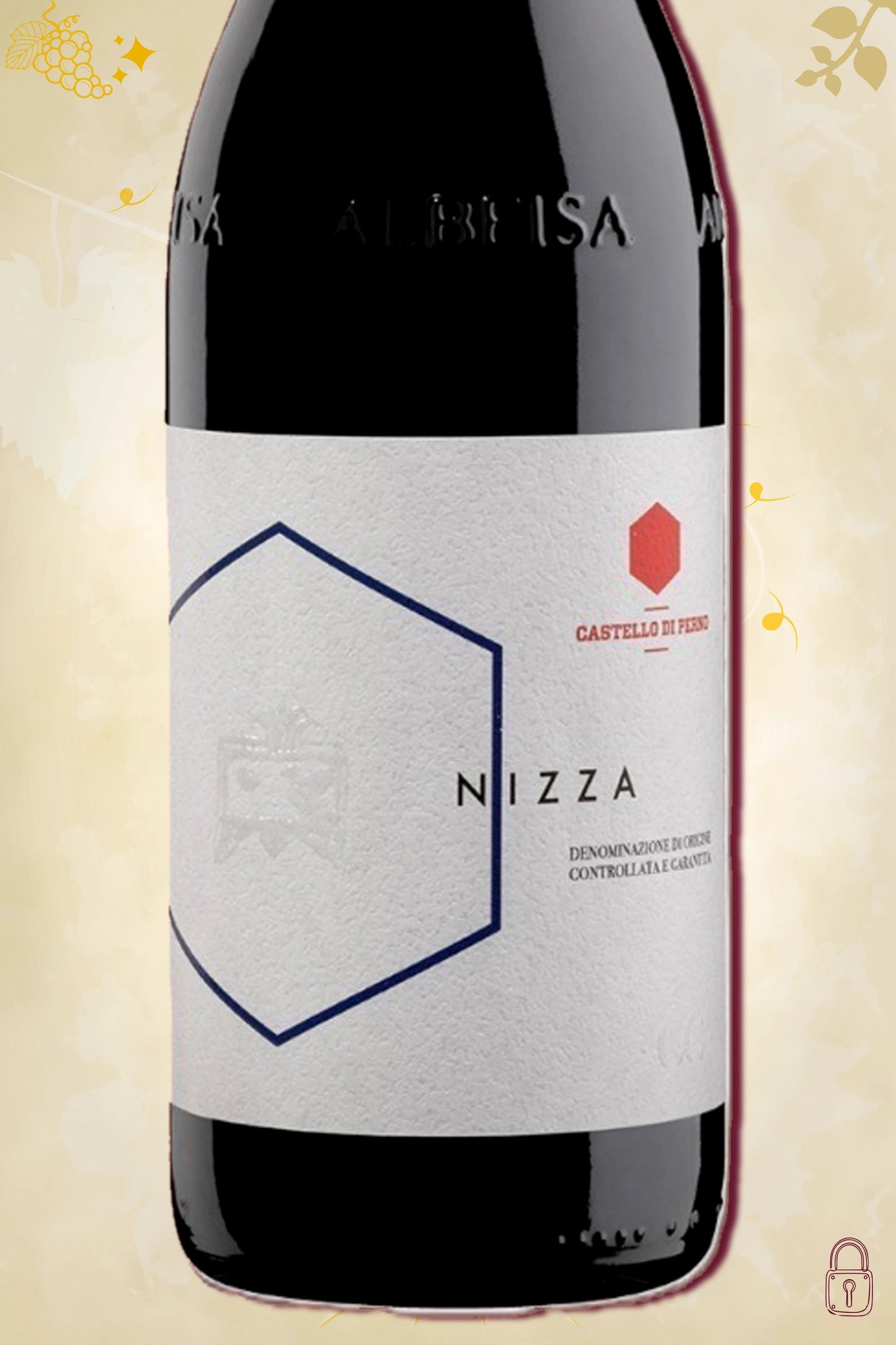 Close-up label Castello di Perno Nizza DOCG 2017 – Castello di Perno logo en vintage details