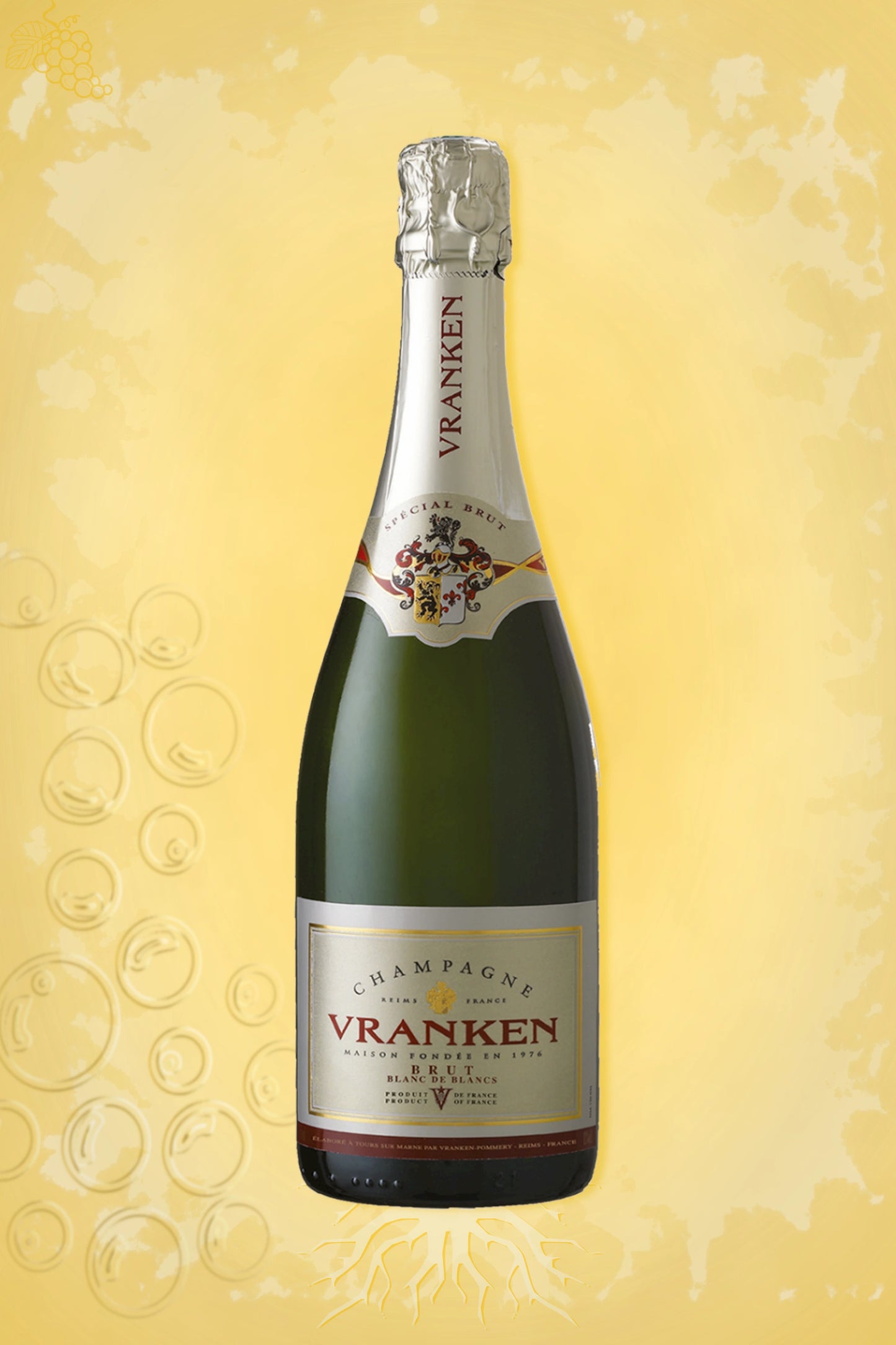 Champagne Vranken Blanc de Blancs Brut NV tegen gouden achtergrond – premium mousserende wijn