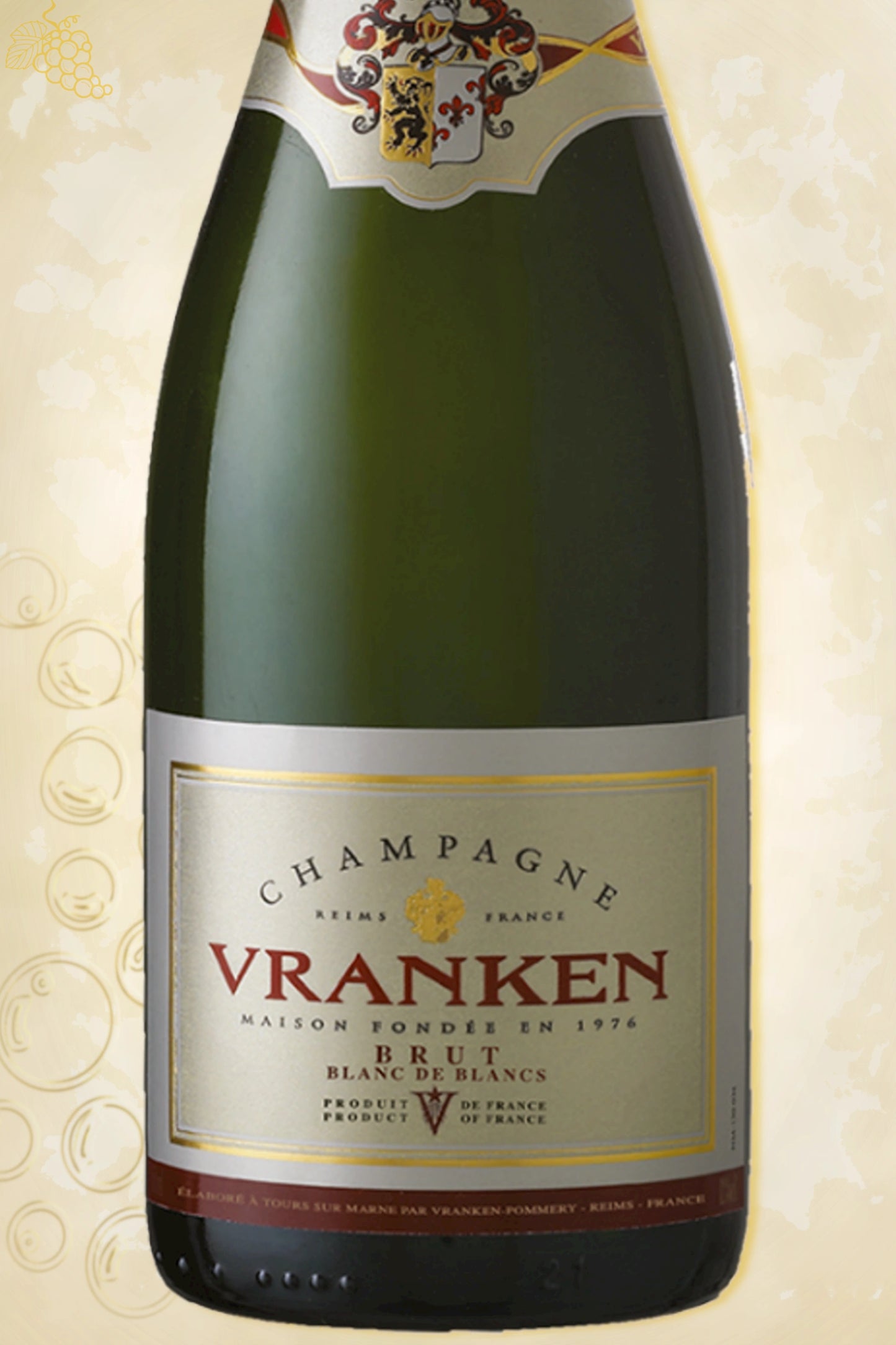 Close-up label Champagne Vranken Blanc de Blancs Brut NV – Vranken logo en details zichtbaar
