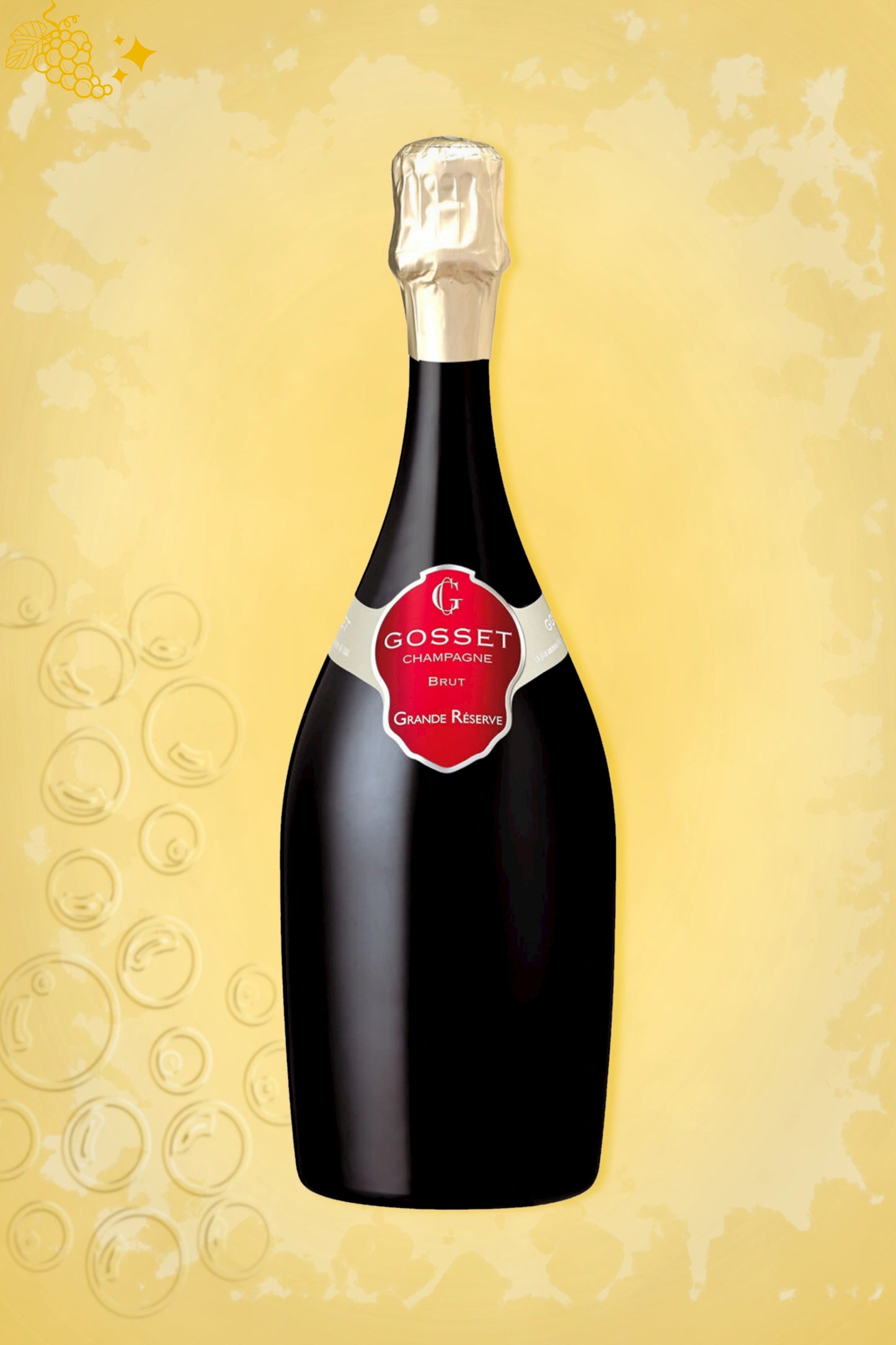 Champagne Gosset Grande Réserve Brut NV tegen gouden achtergrond – premium mousserende wijn
