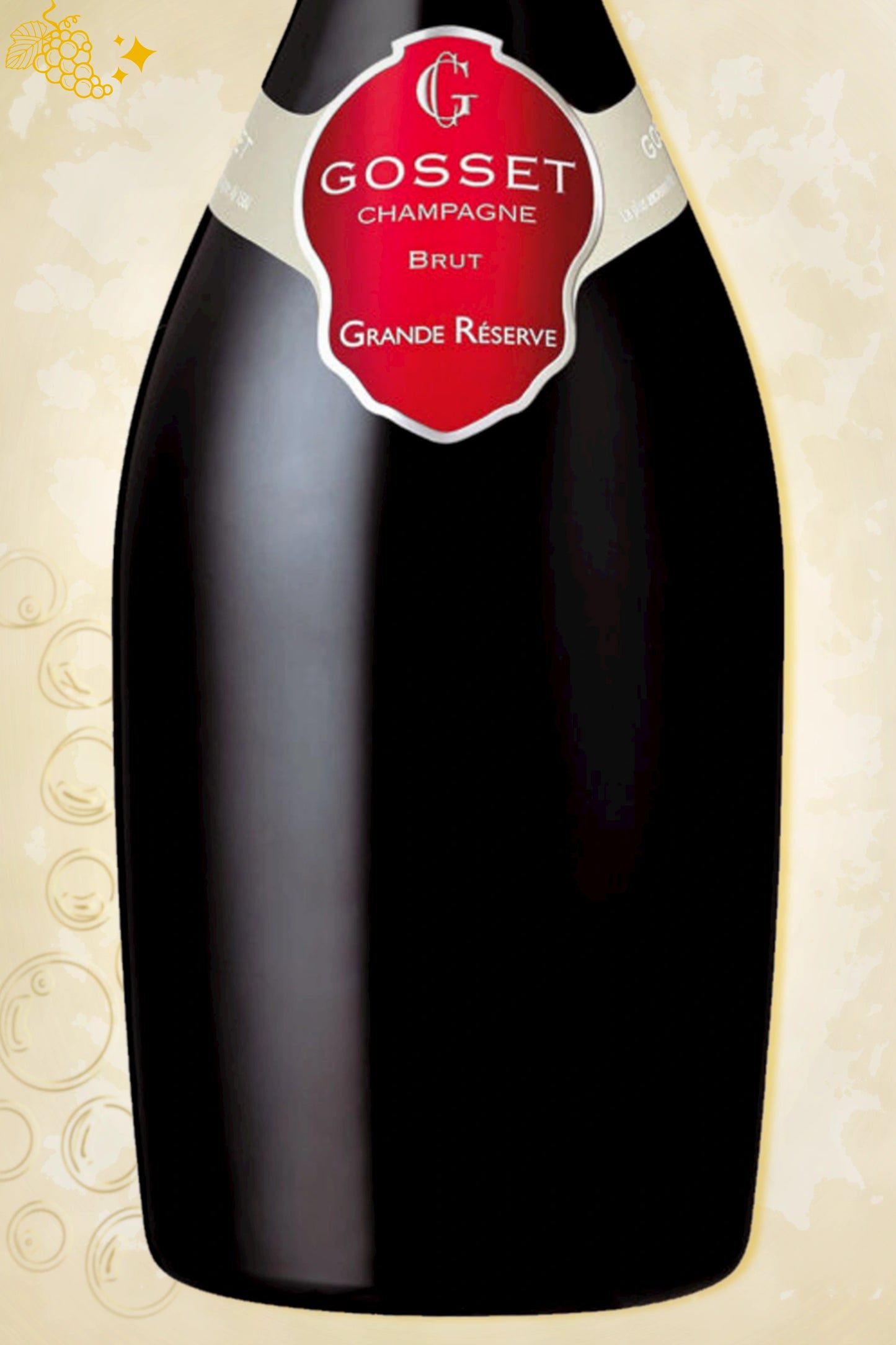 Close-up label Champagne Gosset Grande Réserve Brut NV – Gosset logo en details zichtbaar