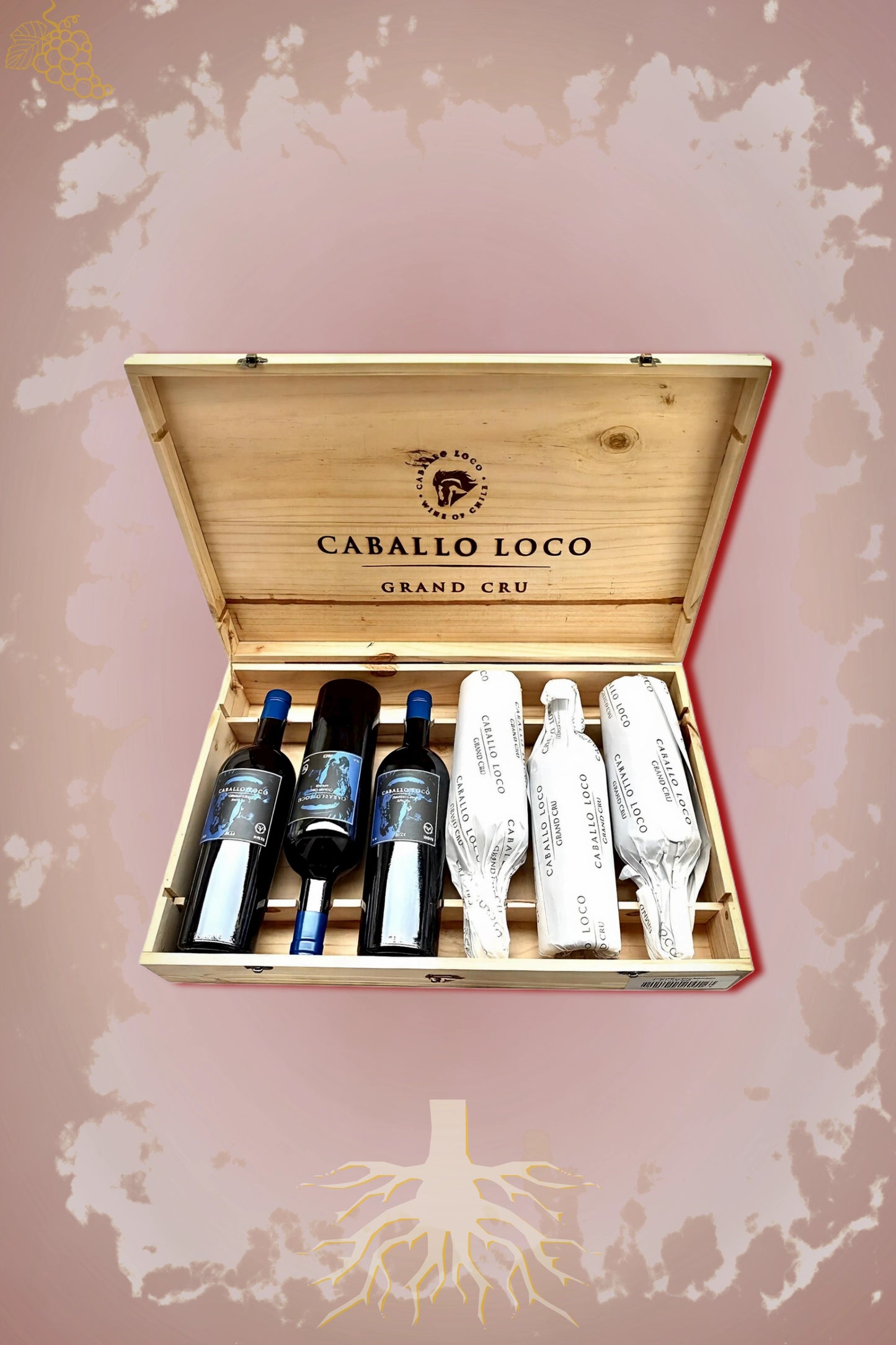 Caballo Loco Grand Cru Apalta 2023 OWC tegen bordeaux achtergrond – premium set
