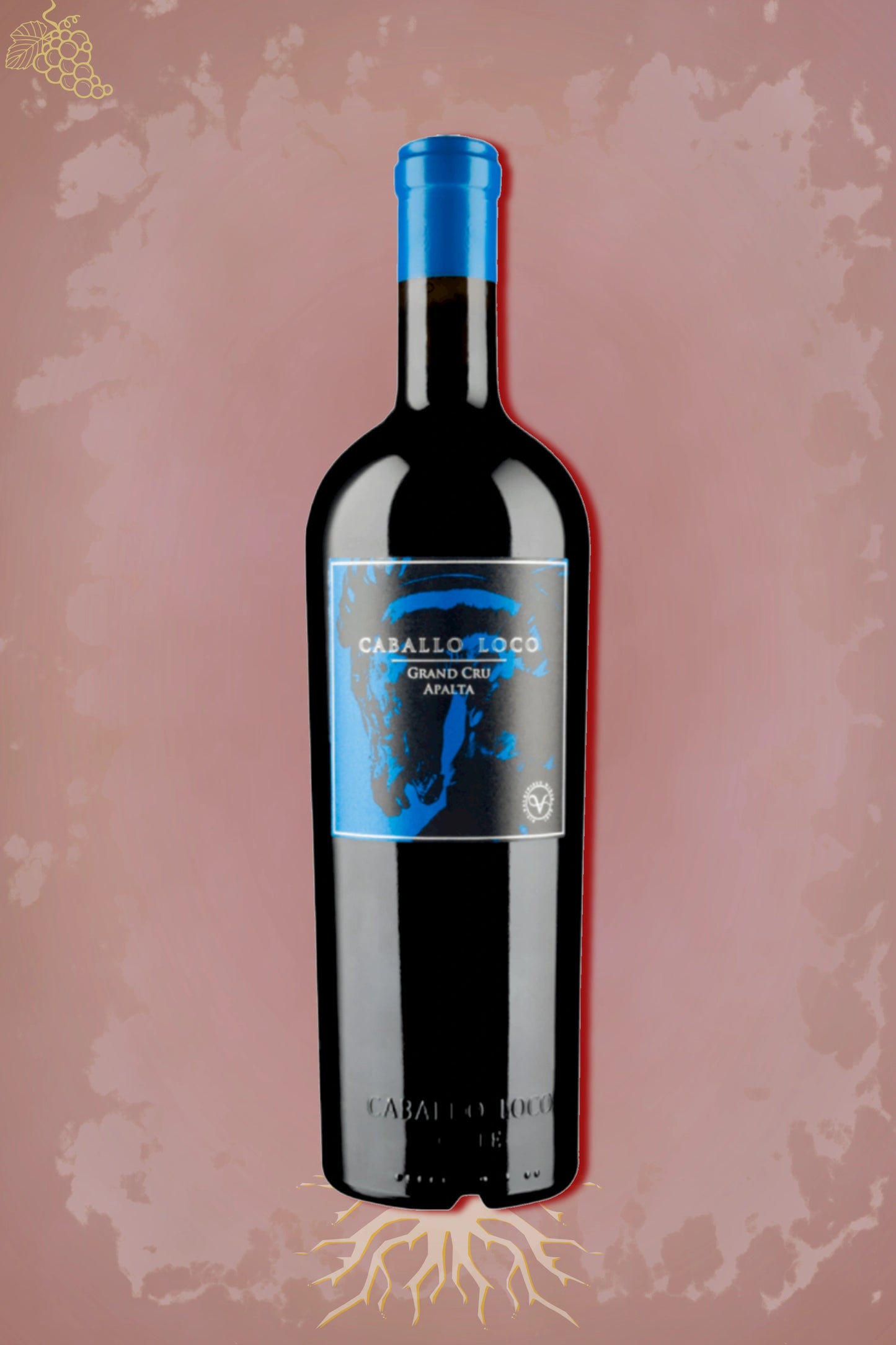 Caballo Loco Grand Cru Apalta 2023 tegen bordeaux achtergrond – premium rode wijn