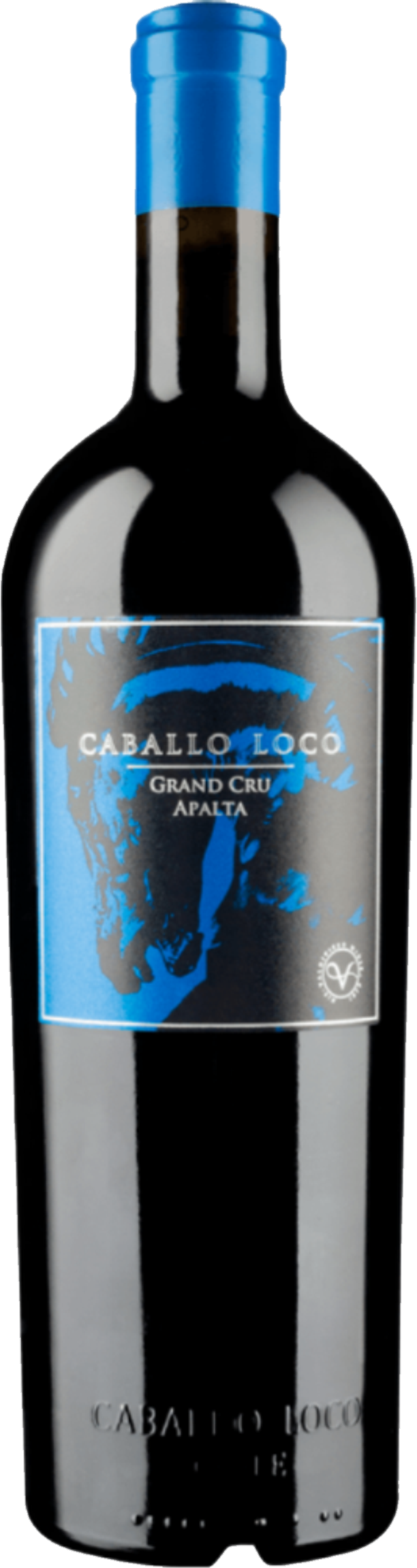 Caballo Loco Grand Cru Apalta 2023 tegen bordeaux achtergrond – premium rode wijn