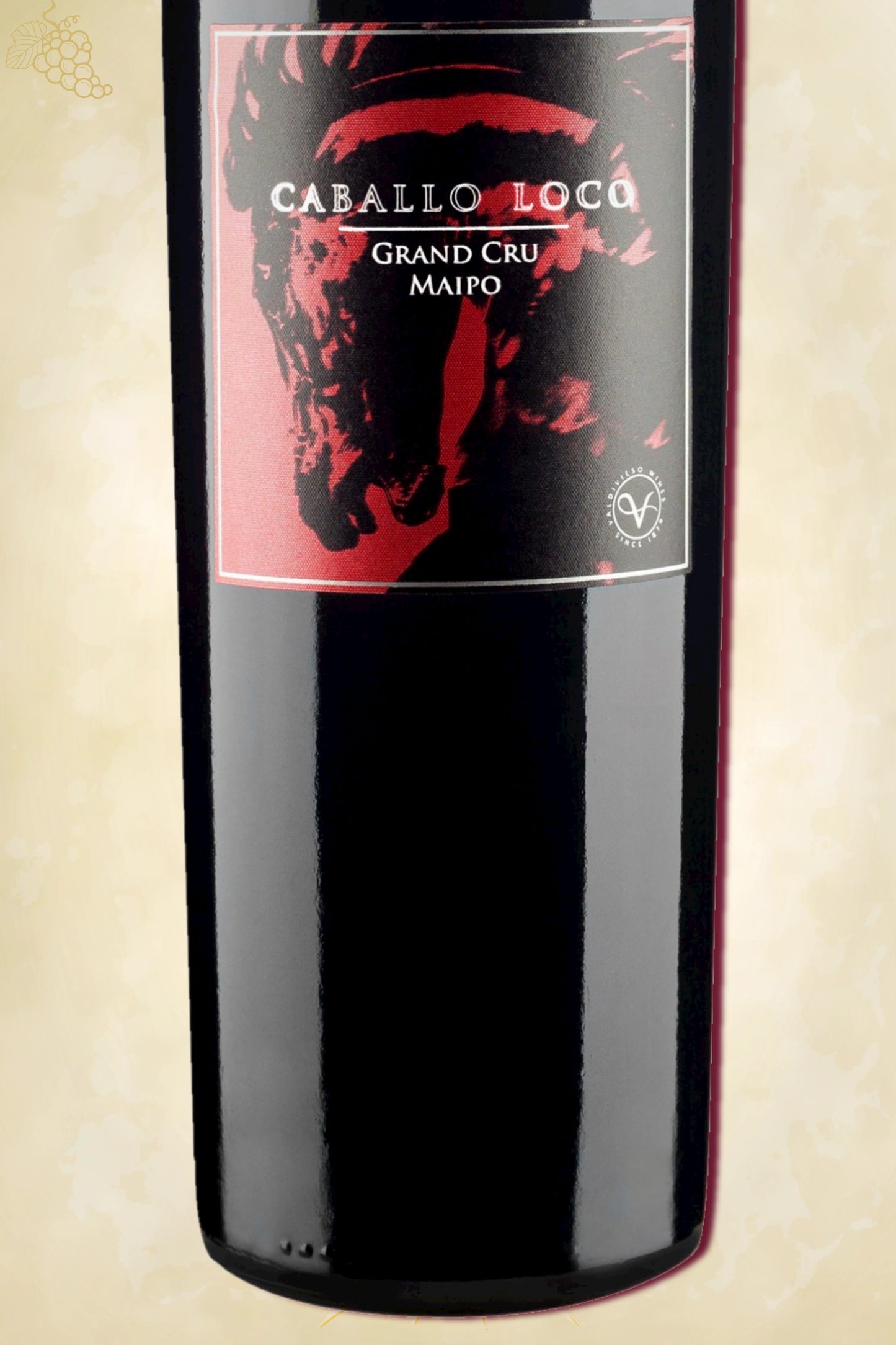 Close-up label Caballo Loco Grand Cru Maipo 2022 – houten kist en vintage details