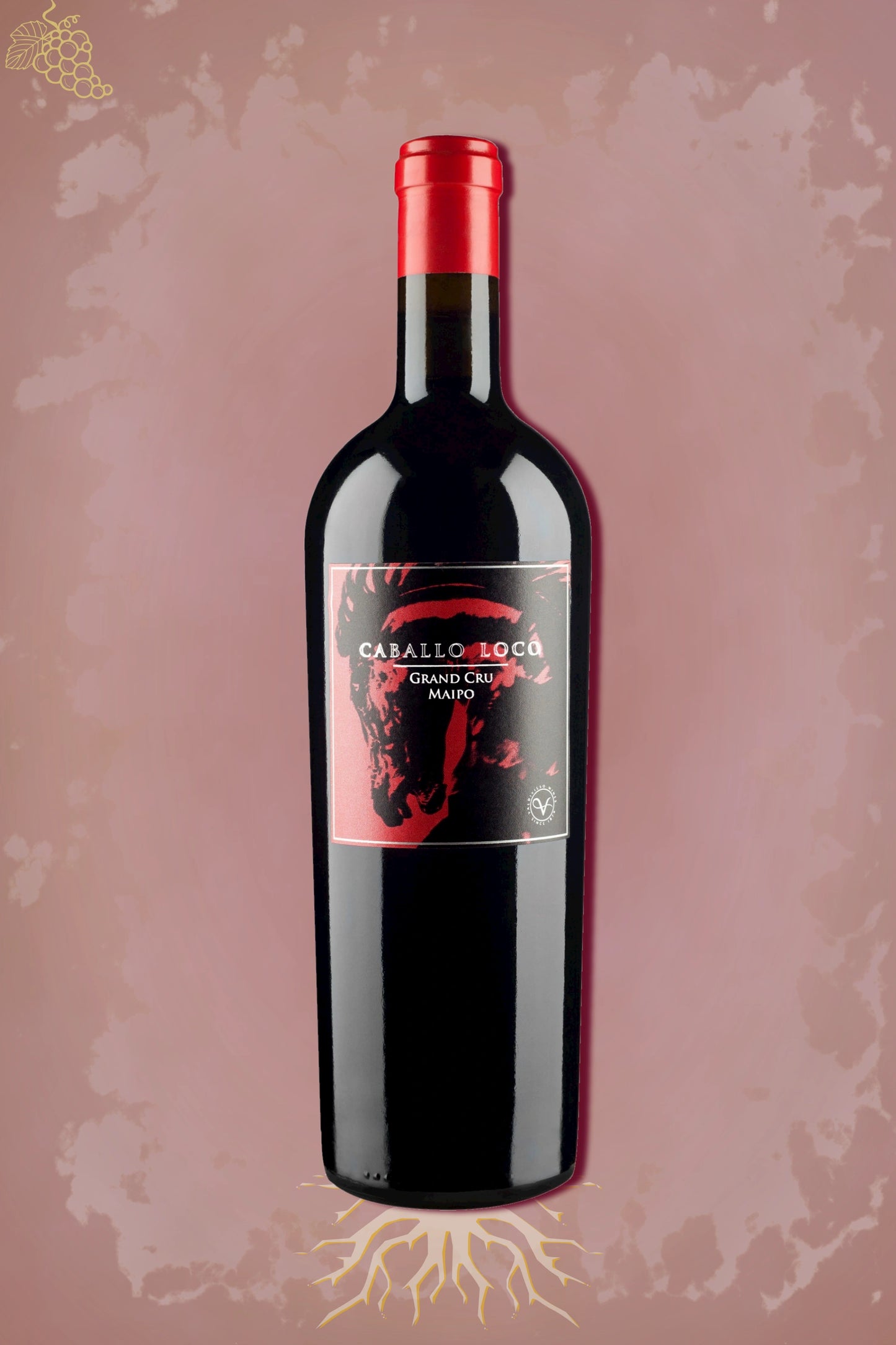 Caballo Loco Grand Cru Maipo 2022 tegen bordeaux achtergrond – premium rode wijn