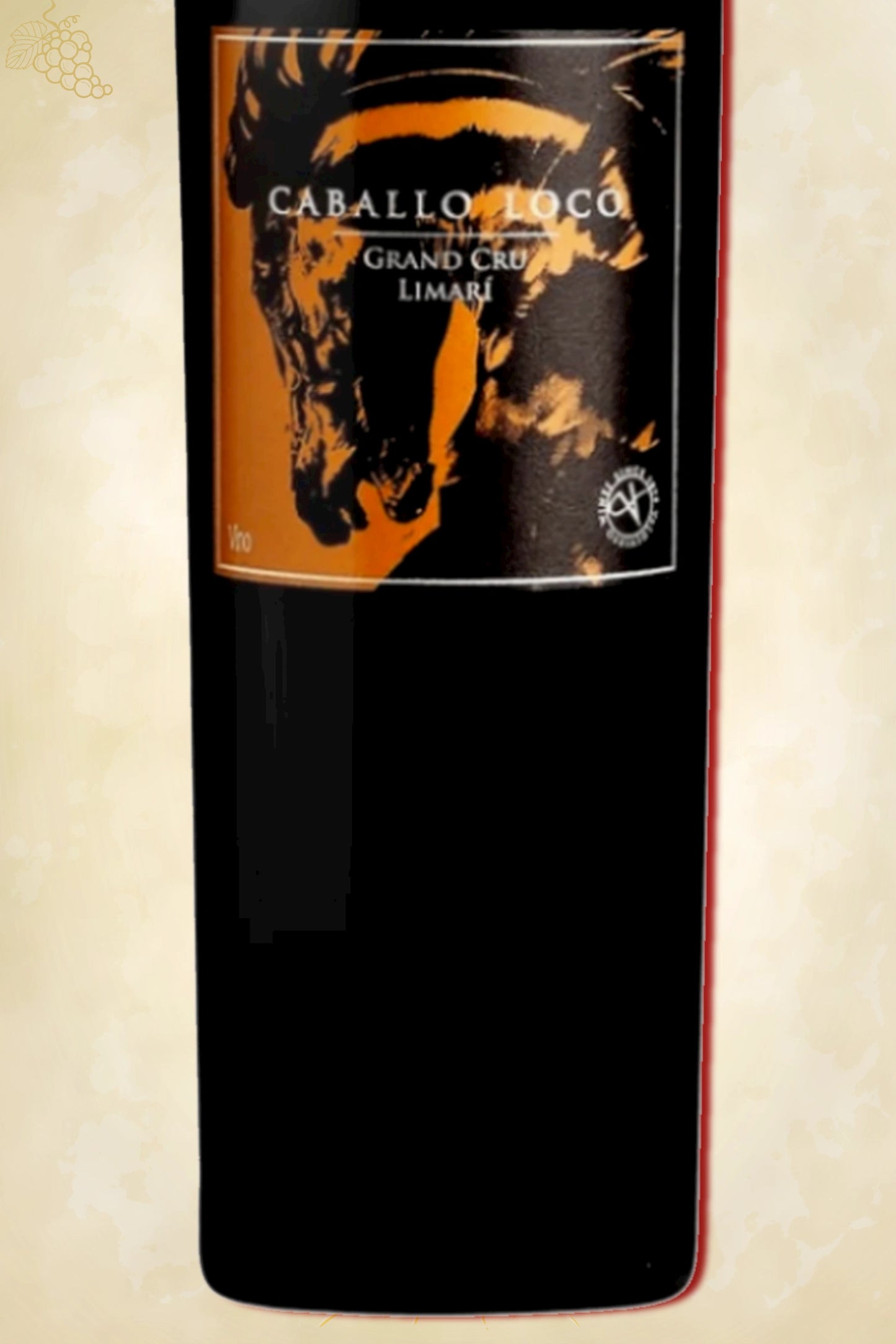 Close-up label Caballo Loco Syrah Grand Cru 2023 – logo en vintage details