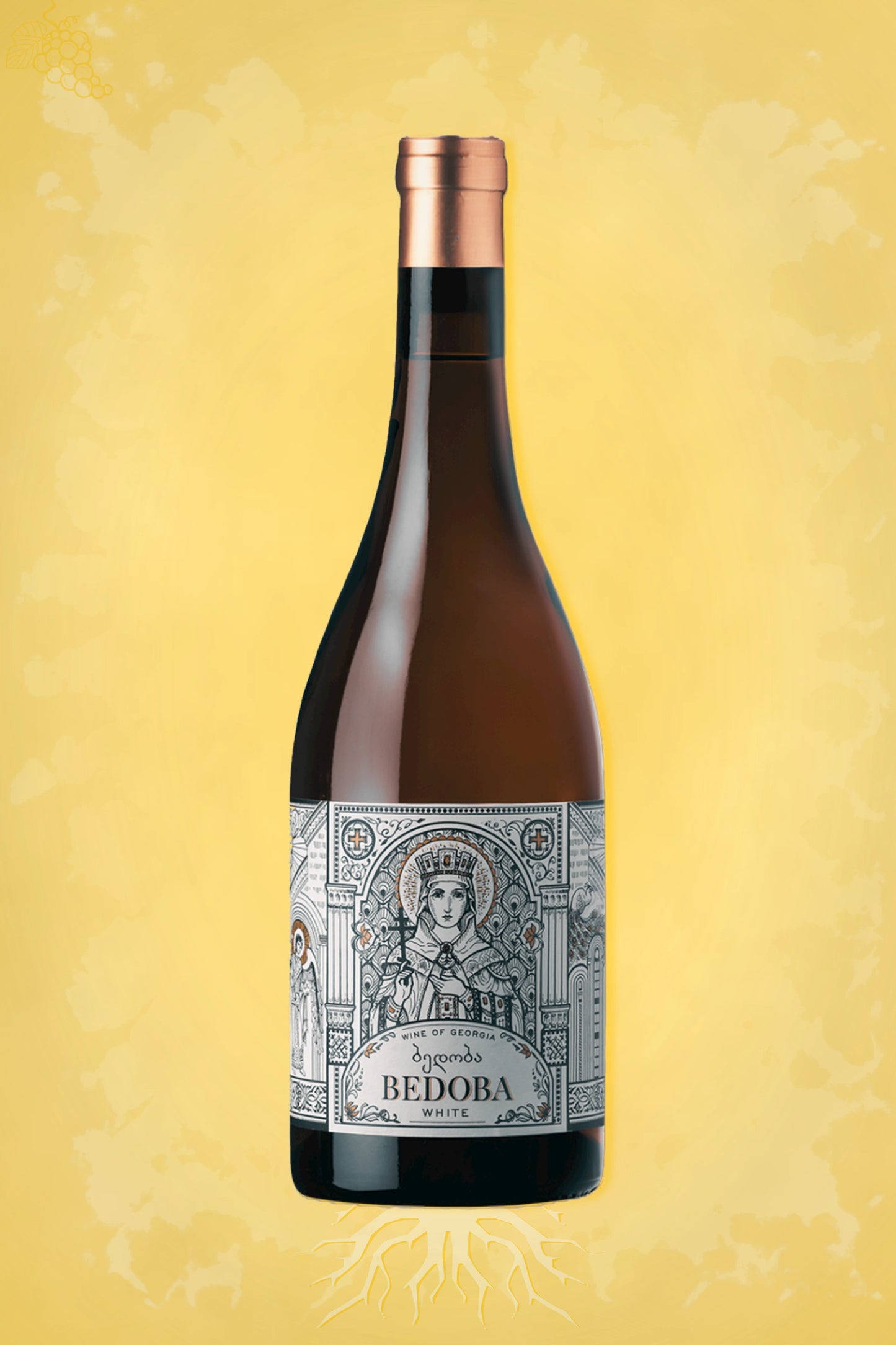 Kakheti Company Bedoba White 2024 tegen gouden achtergrond – premium witte wijn