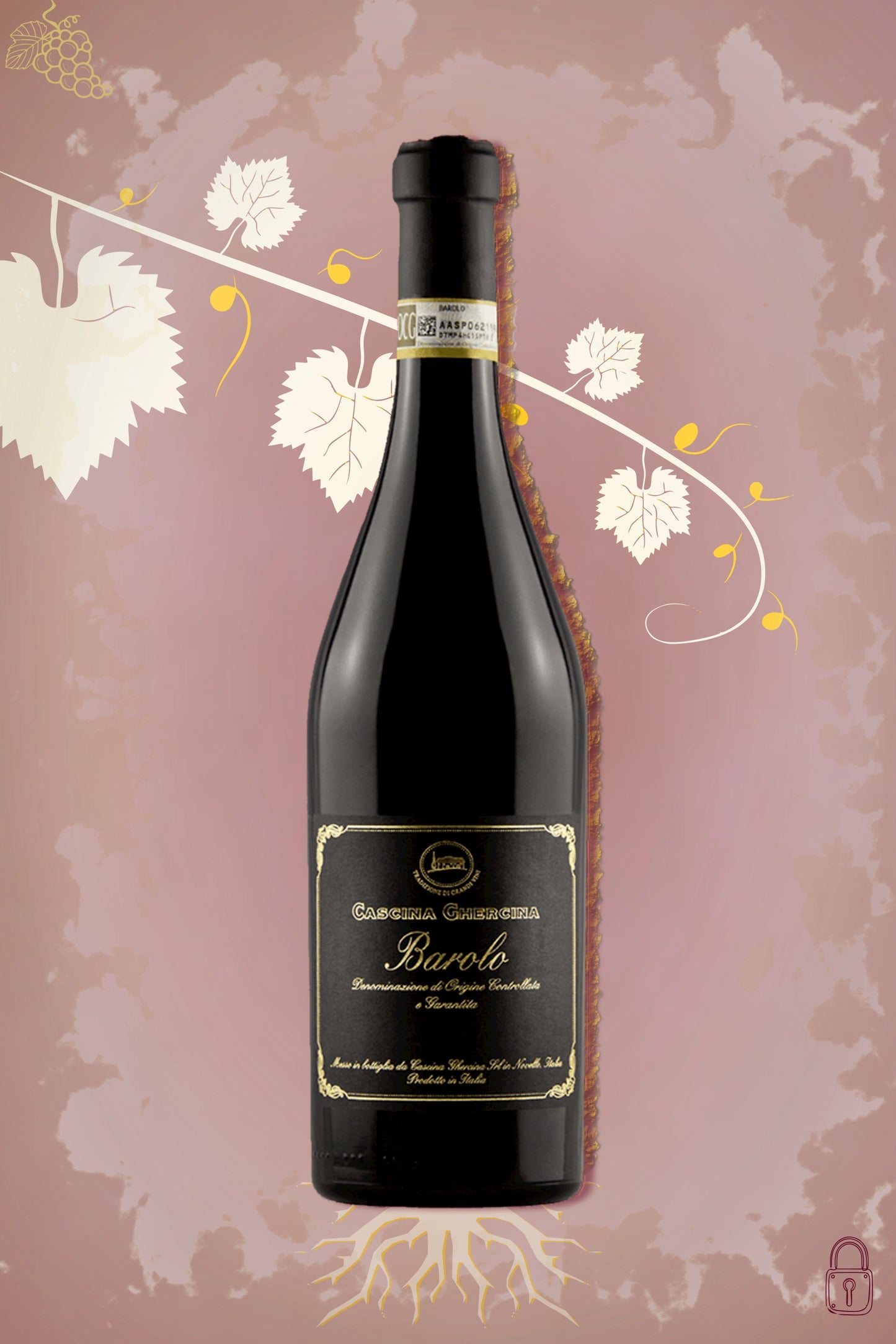 Cascina Ghercina Barolo DOCG 2021 tegen bordeaux achtergrond – premium rode wijn