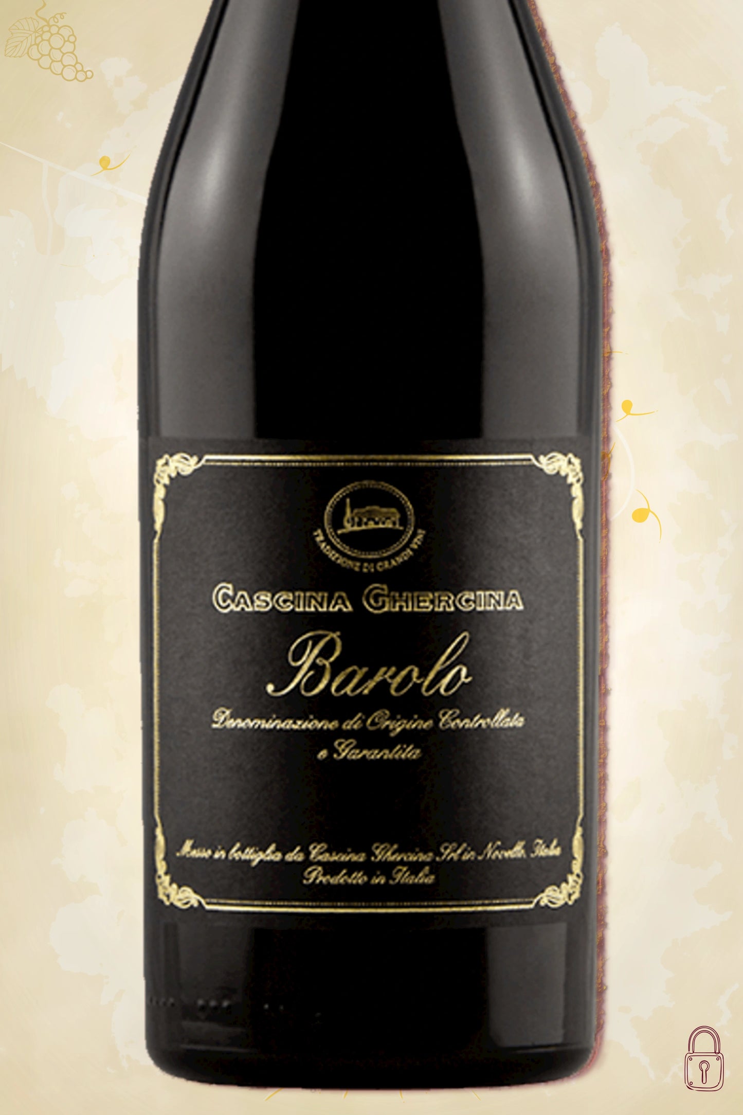 Close-up label Cascina Ghercina Barolo 2021 – logo en vintage details zichtbaar