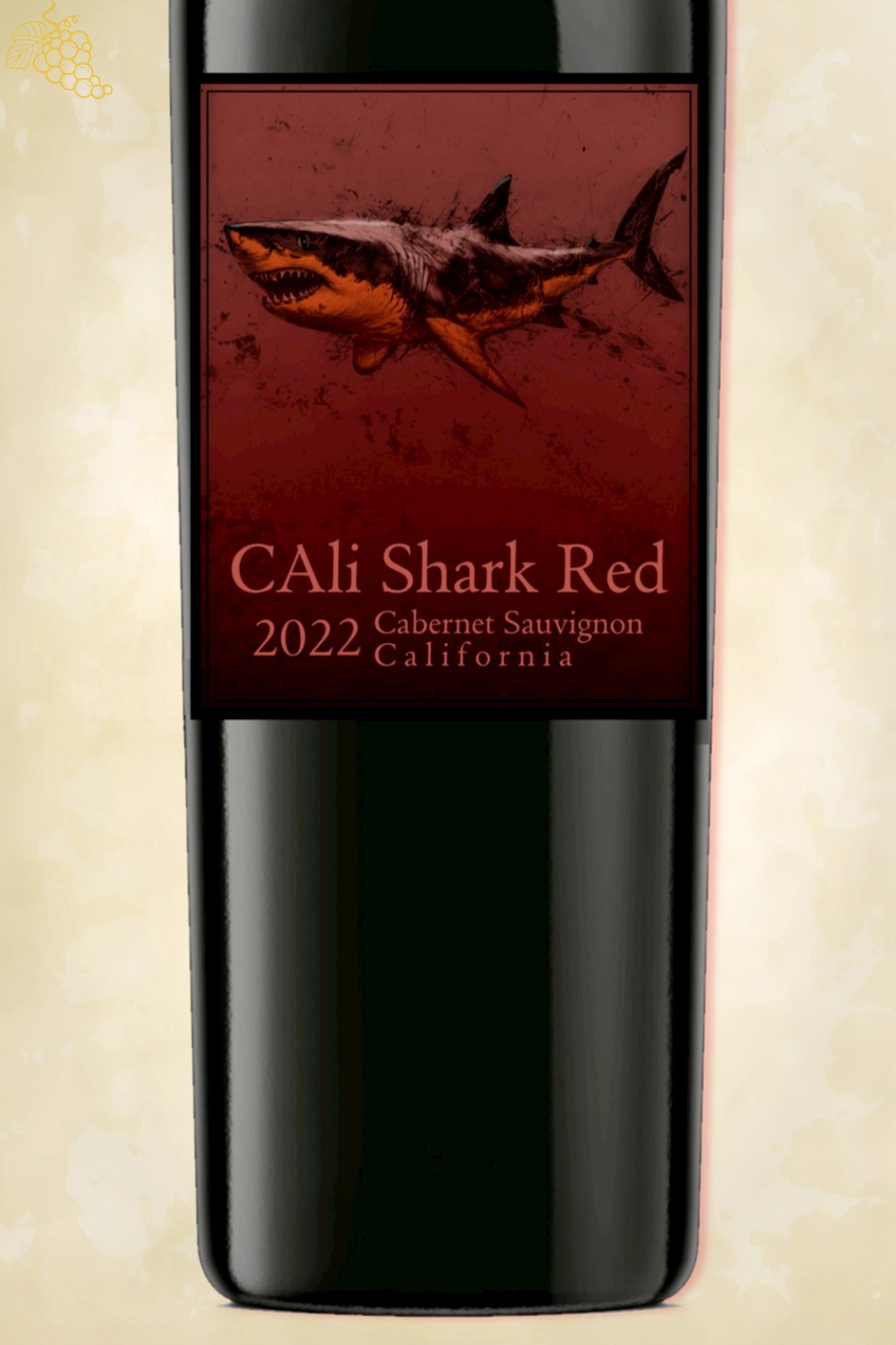 Close-up label Cali Shark Cabernet Sauvignon 2022 – logo en vintage details zichtbaar