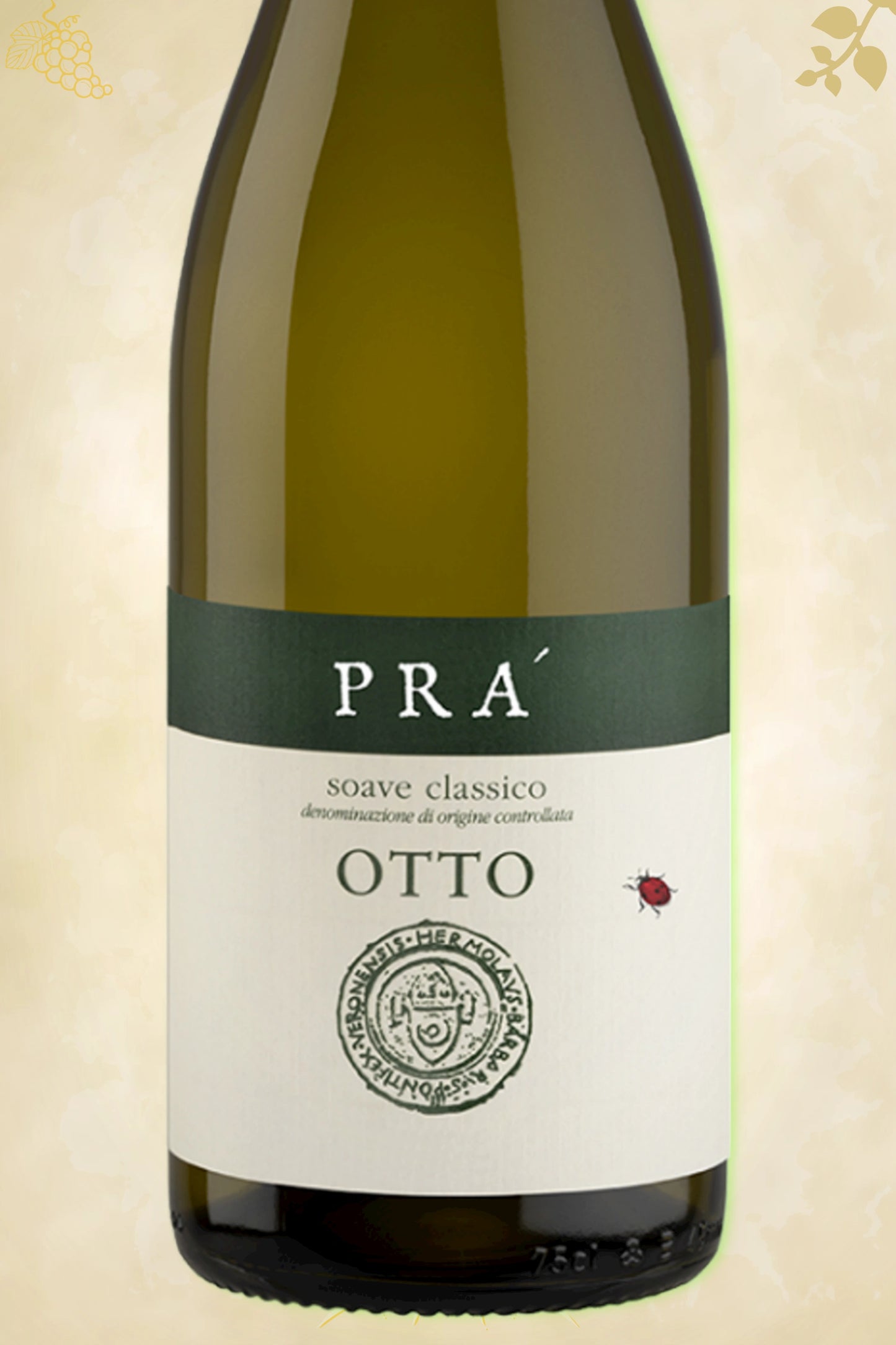 Close-up label Soave Classico DOC Otto BIO – Azienda Vinicola Prà logo en vintage details