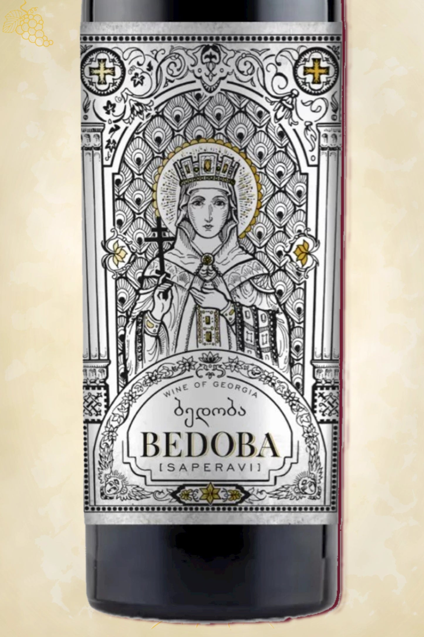 Close-up label Bedoba Saperavi 2022 – Kakheti Company logo en details zichtbaar
