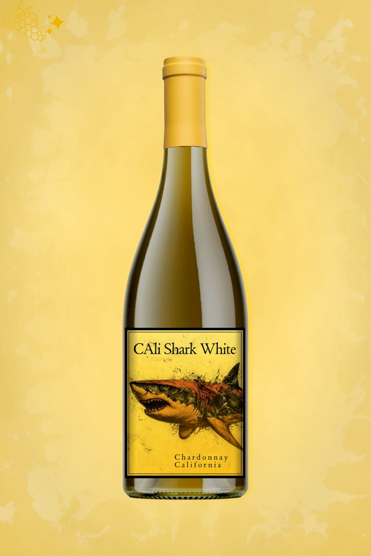 Cali Shark Chardonnay 2023 tegen gouden achtergrond – premium witte wijn