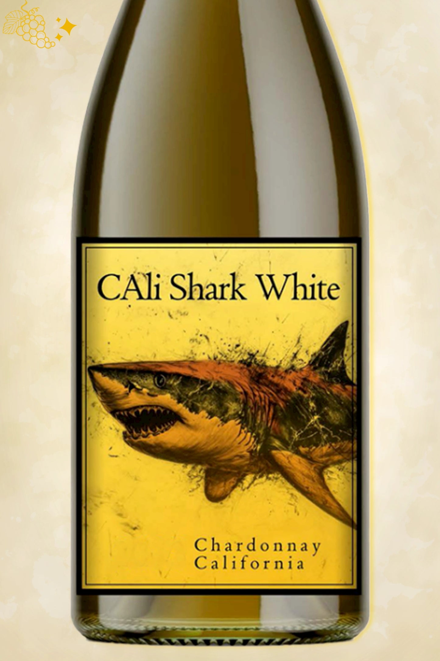 Close-up label Cali Shark Chardonnay 2023 – Goessens logo en vintage details