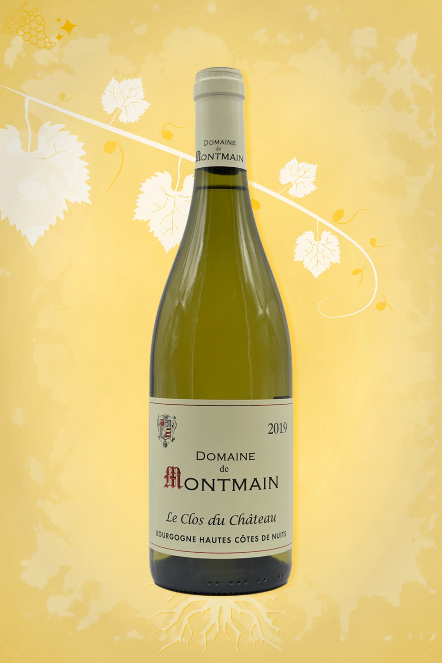 Domaine de Montmain Chardonnay 2019 tegen gouden achtergrond – elegante witte wijn