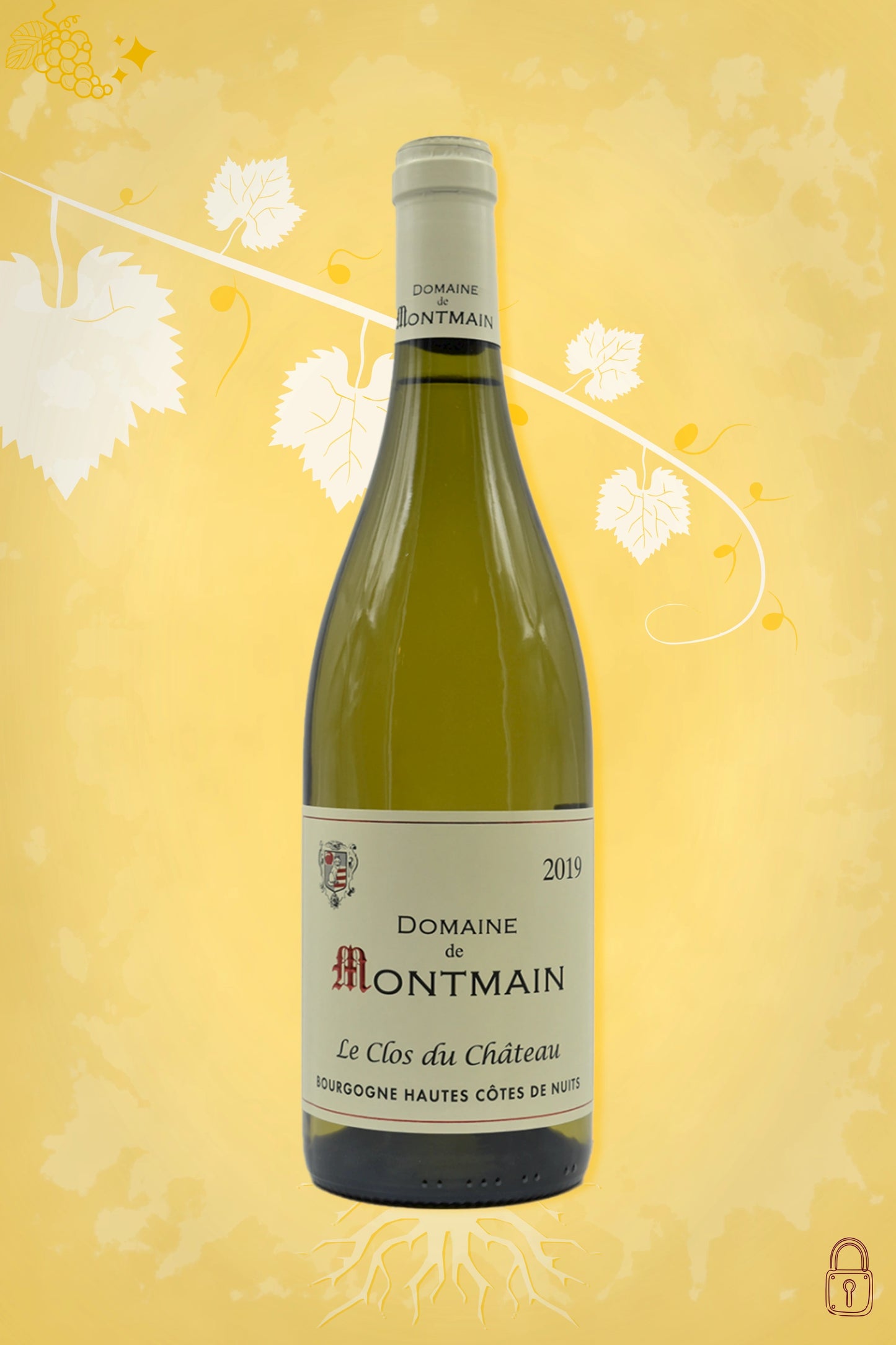 Domaine de Montmain Chardonnay 2019 tegen gouden achtergrond – elegante witte wijn