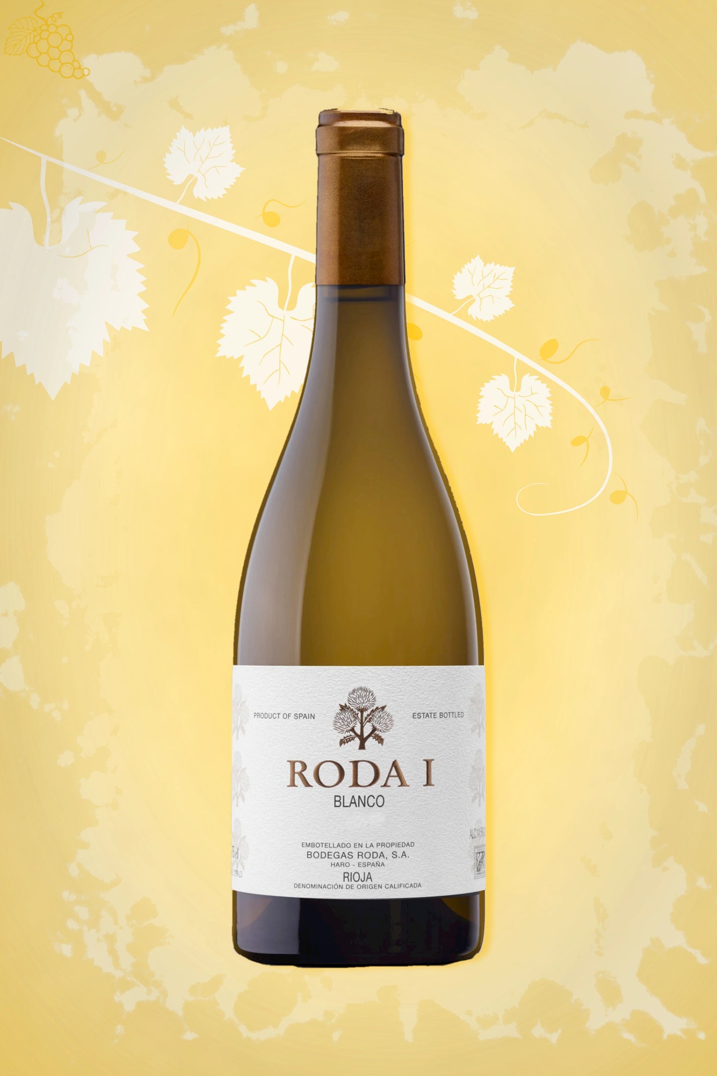 Roda I Reserva Blanco 2021 witte wijn tegen gouden achtergrond