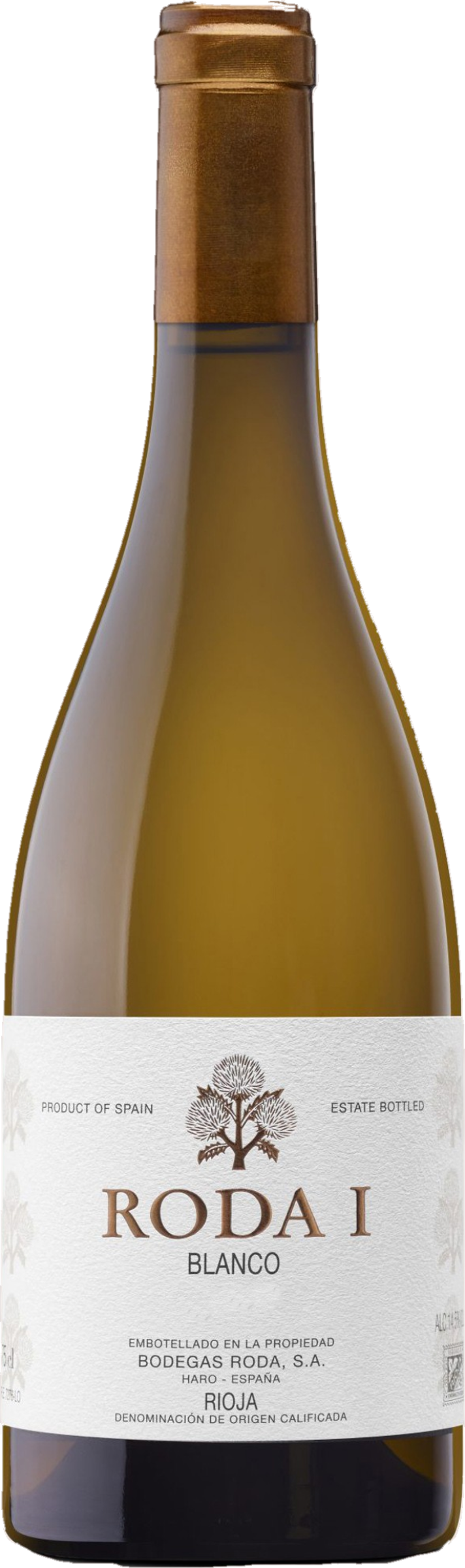 Roda I Reserva Blanco 2021 witte wijn tegen gouden achtergrond