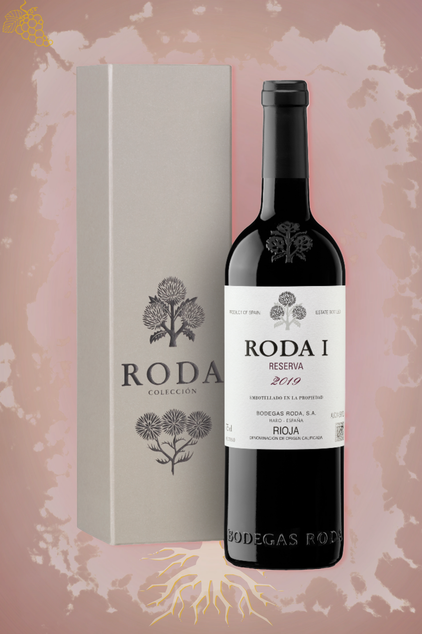 Bodegas Roda I Reserva 2019 tegen bordeaux achtergrond – krachtige rode wijn