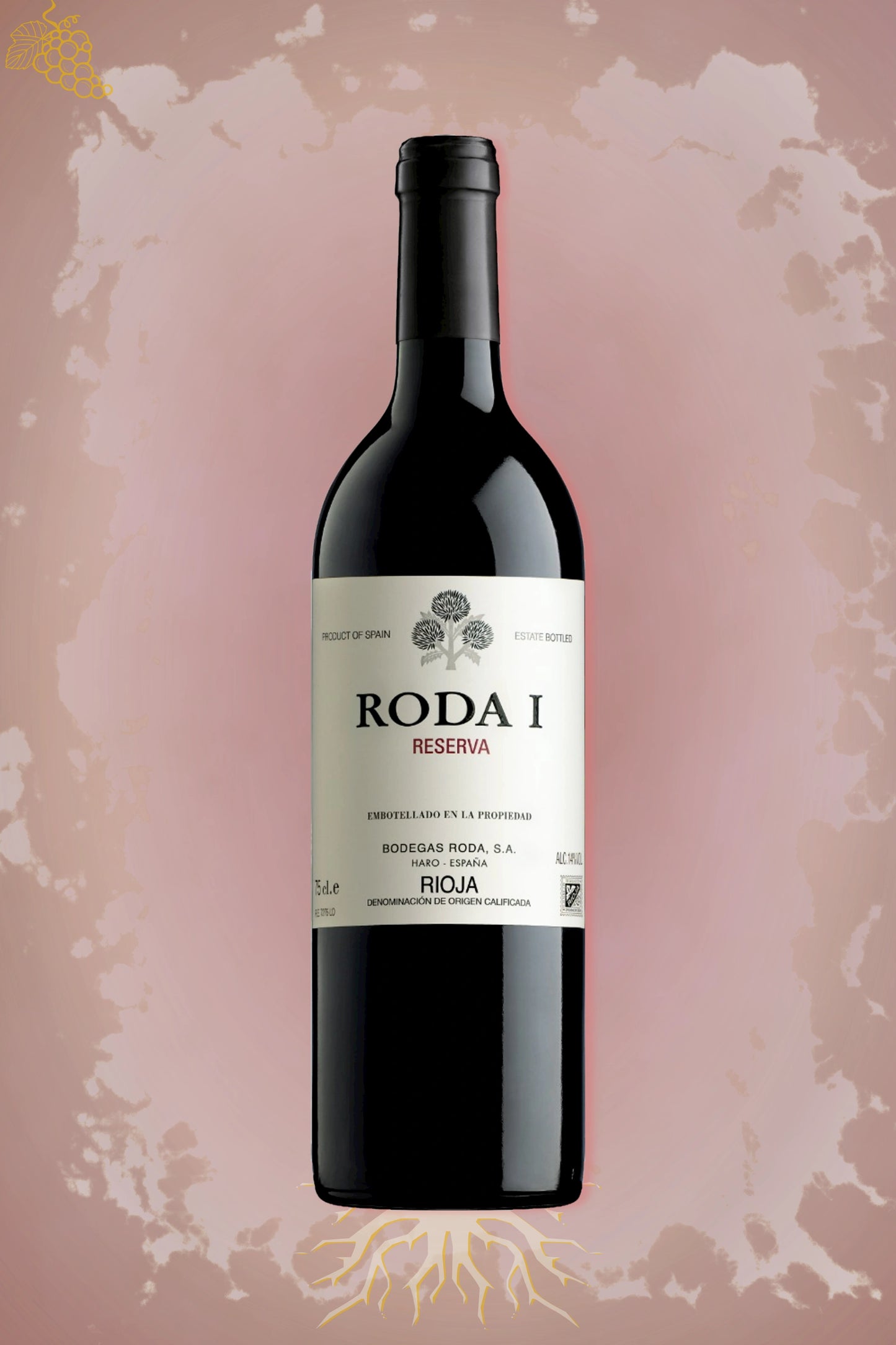 Bodegas Roda I Reserva 2019 tegen bordeaux achtergrond – krachtige rode wijn