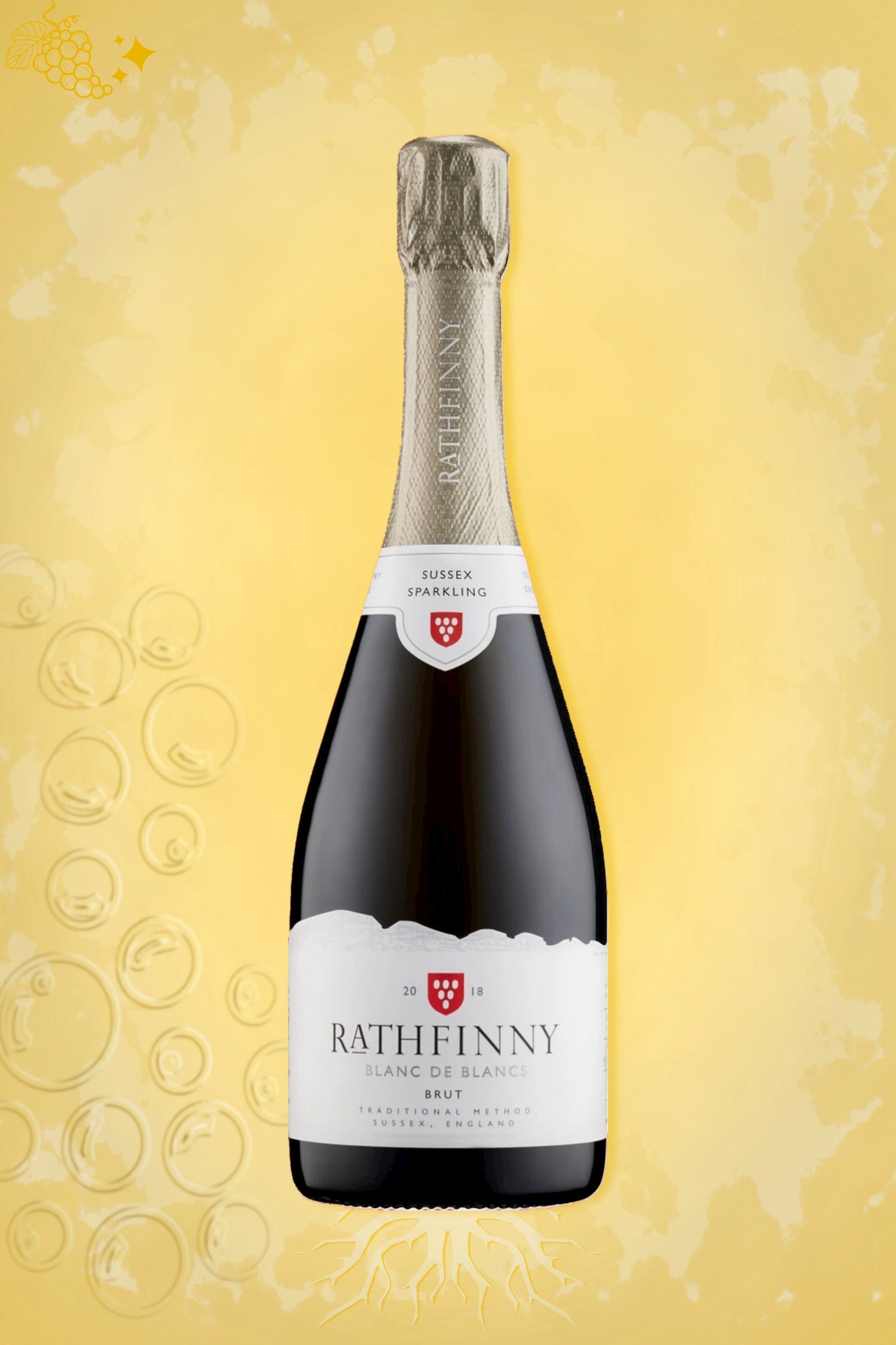 Rathfinny Blanc de Blancs 2019 op gouden achtergrond – elegante mousserende wijn
