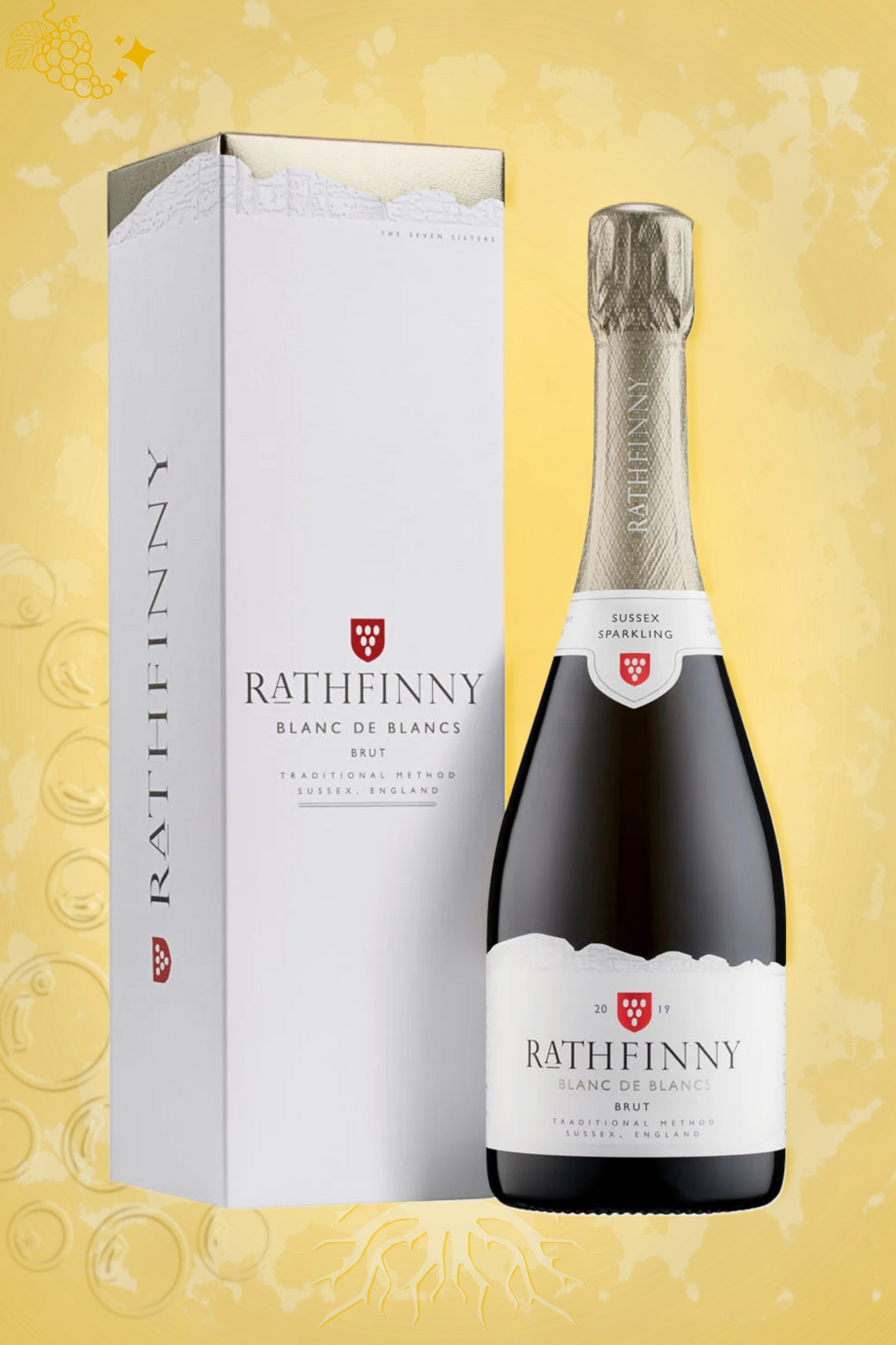 Rathfinny Blanc de Blancs 2019 op gouden achtergrond – elegante mousserende wijn