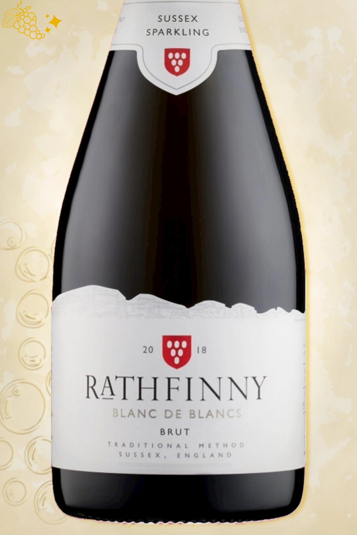 Close-up label Rathfinny Blanc de Blancs 2019 – kwaliteitsdetails zichtbaar
