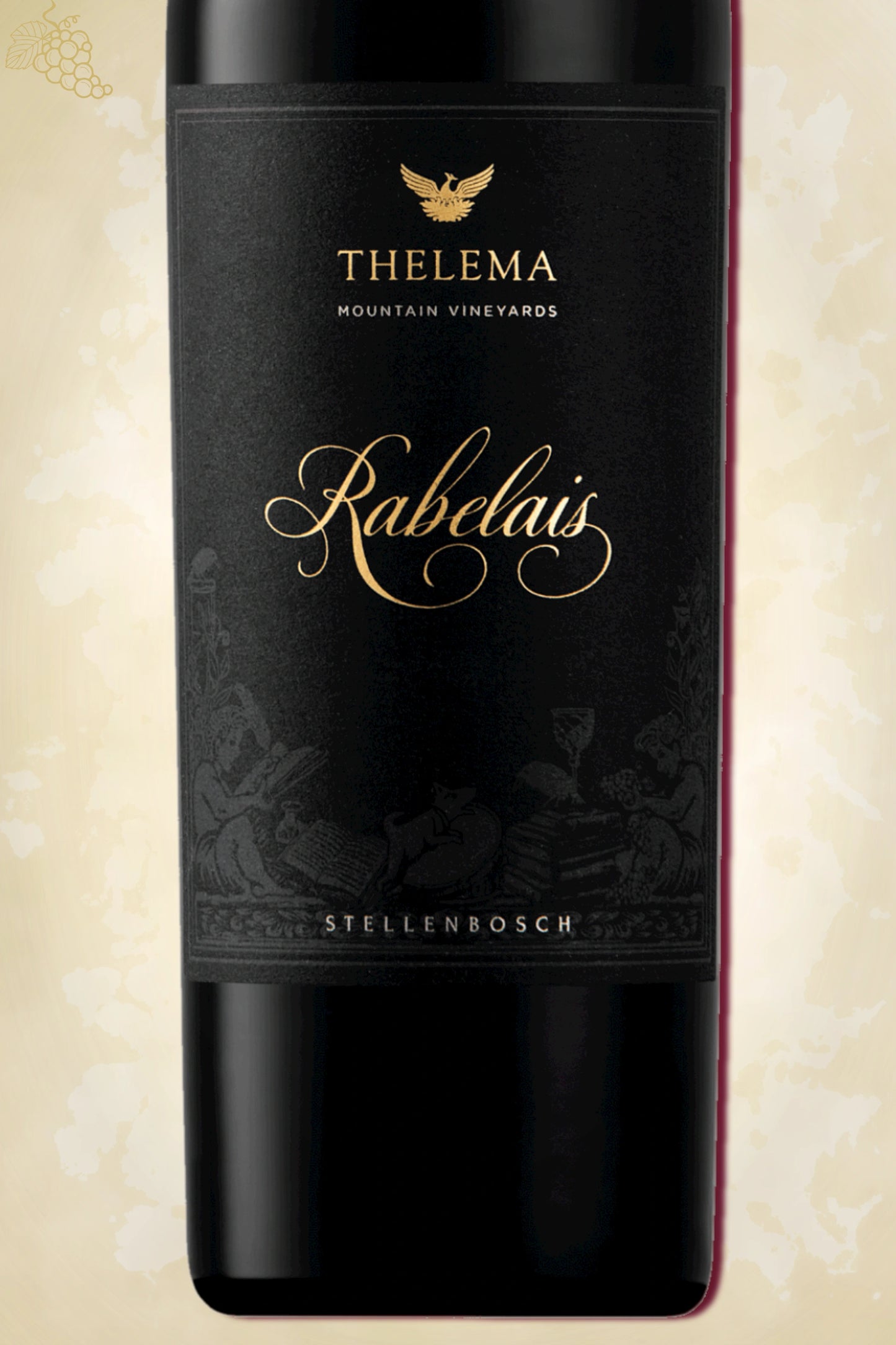 Close-up label Thelema Rabelais 2021 – Thelema logo en blend details