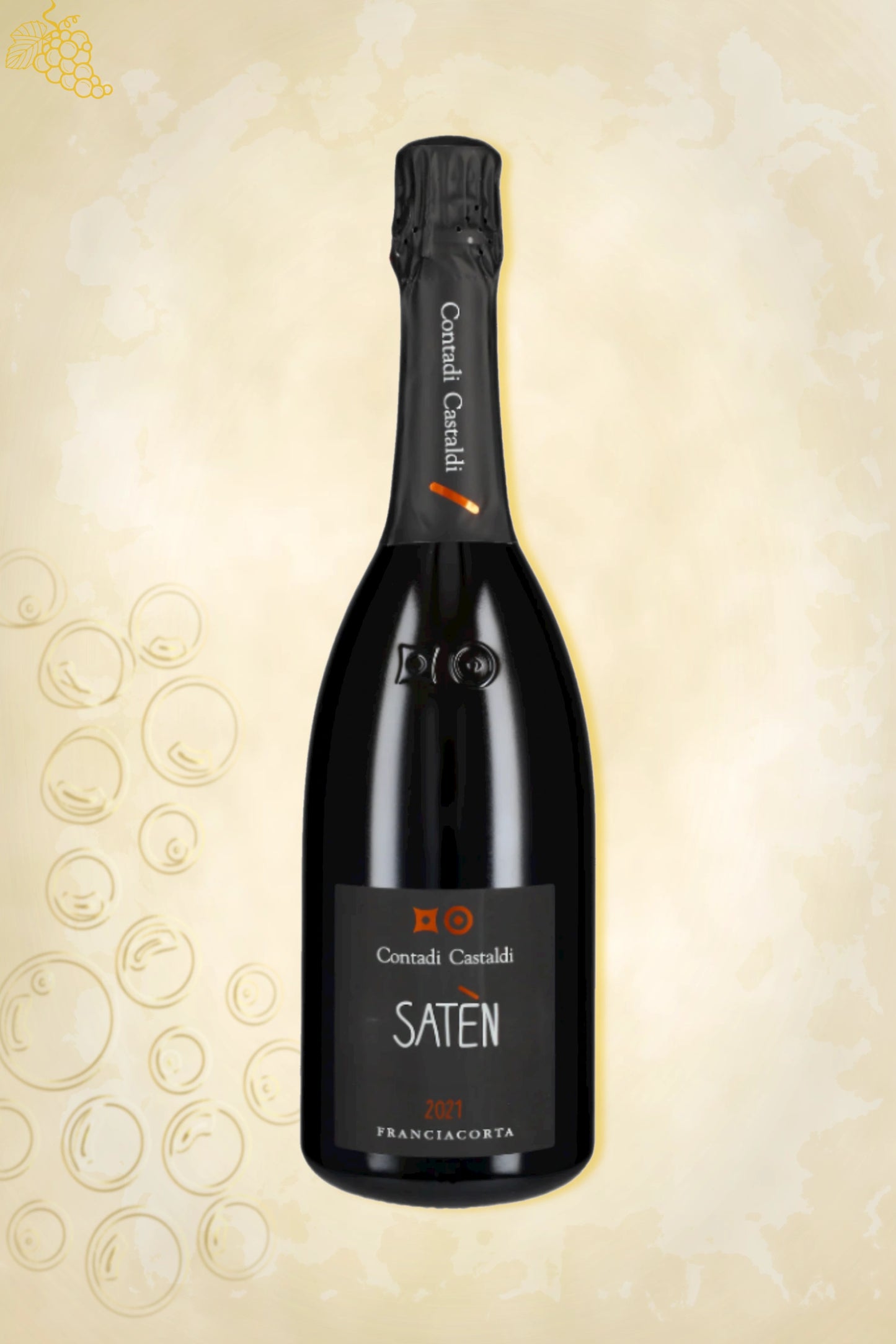 Fles elegante Franciacorta Satèn Chardonnay 2021 met zachte mousse