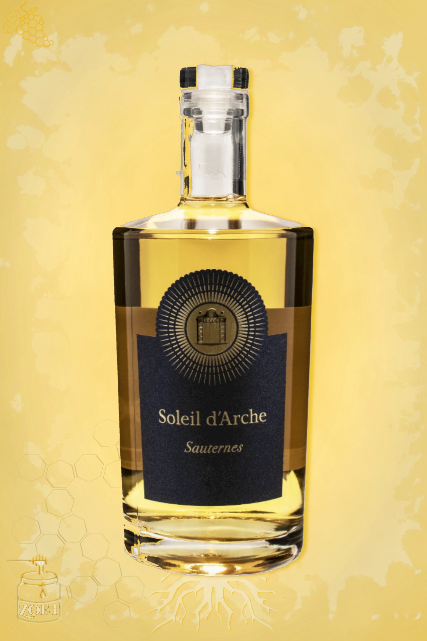 Château d'Arche Soleil d'Arche 2022 – zoete witte wijn tegen gouden achtergrond