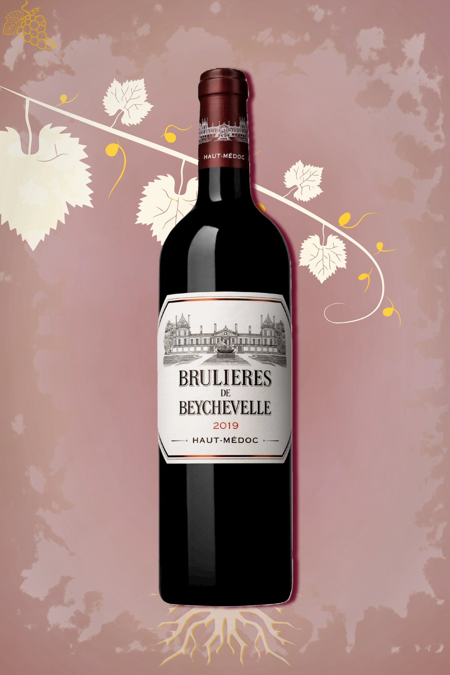 Les Brulières de Beychevelle 2019 – rode wijn tegen bordeaux achtergrond