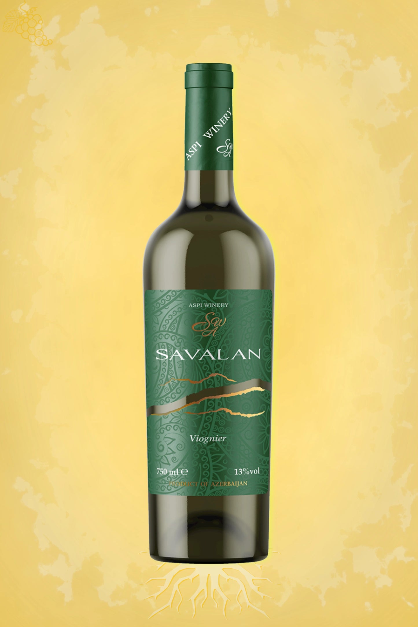 Savalan Viognier 2024 tegen gouden achtergrond – frisse aromatische witte wijn