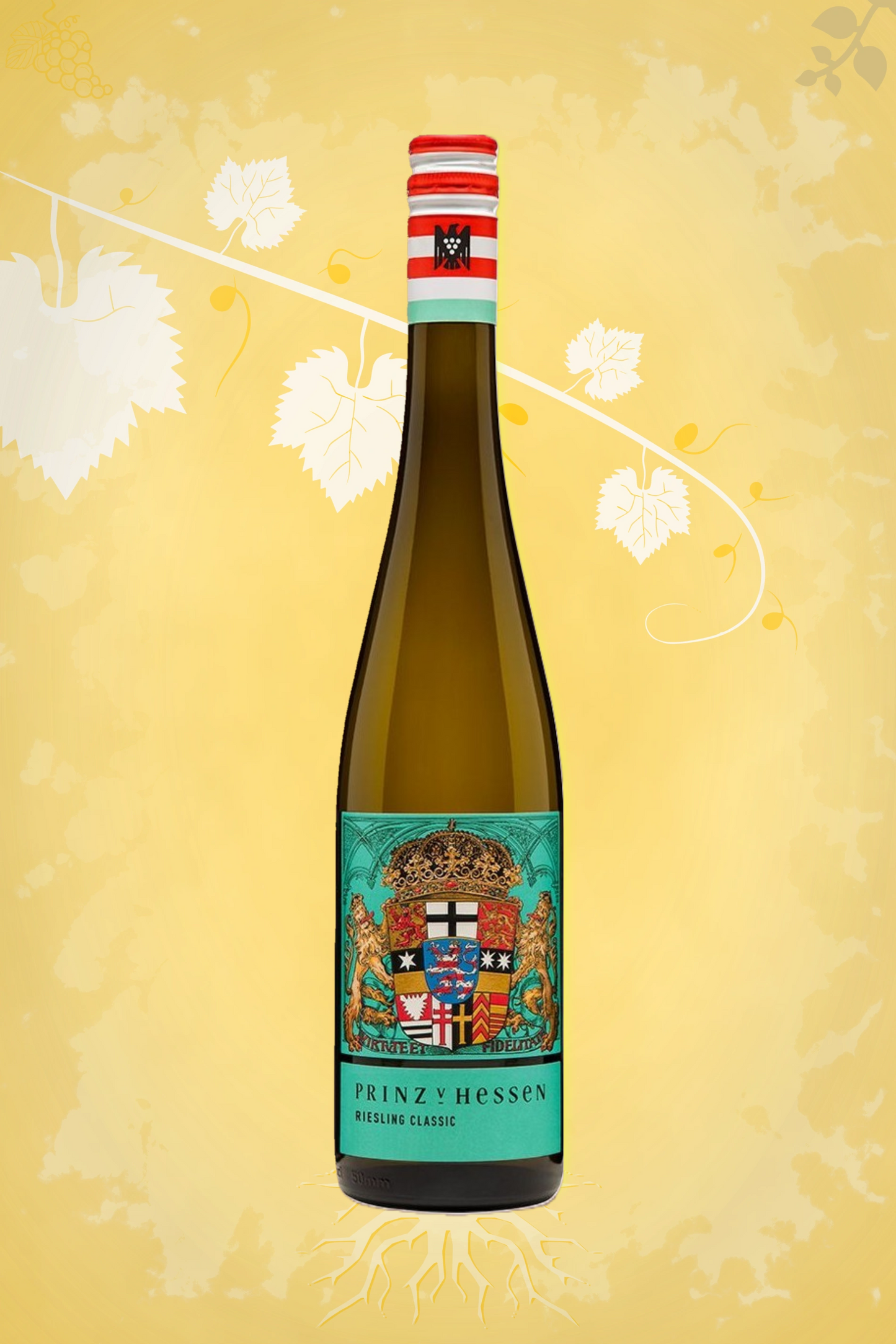 Fles Weingut Prinz von Hessen Rheingau Classic Riesling 2024 uit de Rheingau op goudkleurige achtergrond.