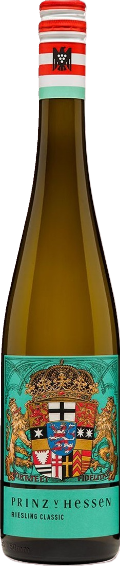Weingut Prinz von Hessen Riesling 2024 tegen gouden achtergrond – biologische witte wijn